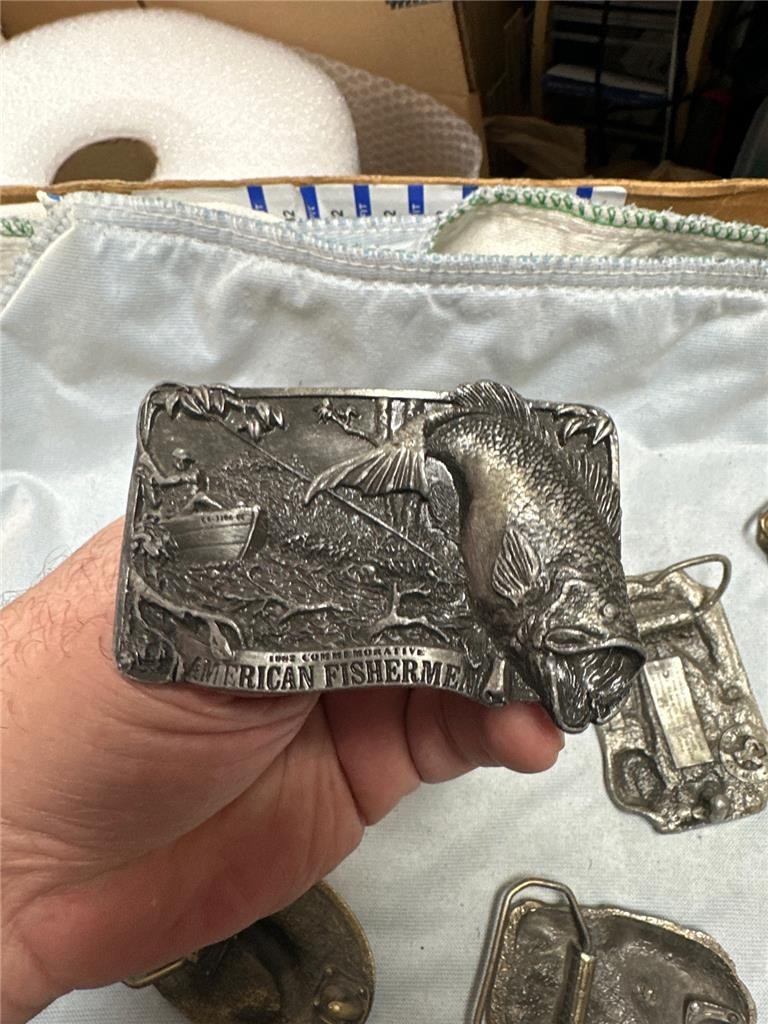 Six Vintage Fishing Belt Buckles Bass, etc.