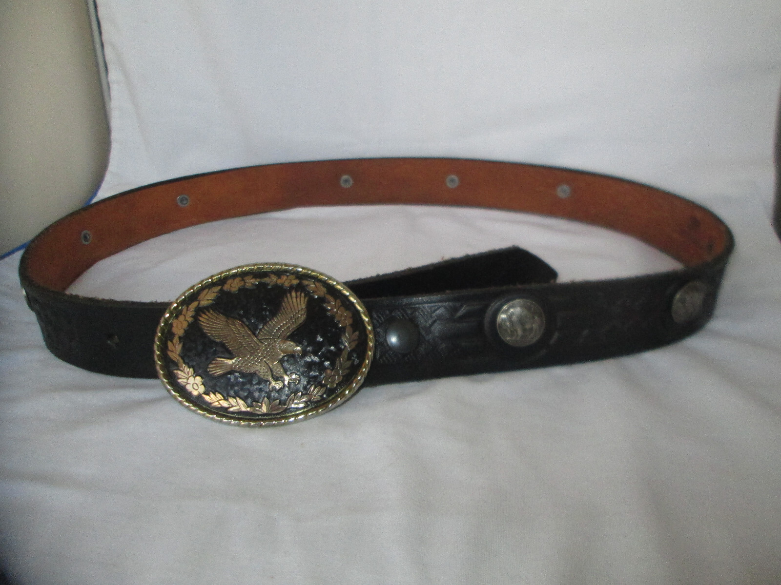Flying Eagle Buckle Brass Tone & Black & Buffalo Nickel Accented Belt Size 38
