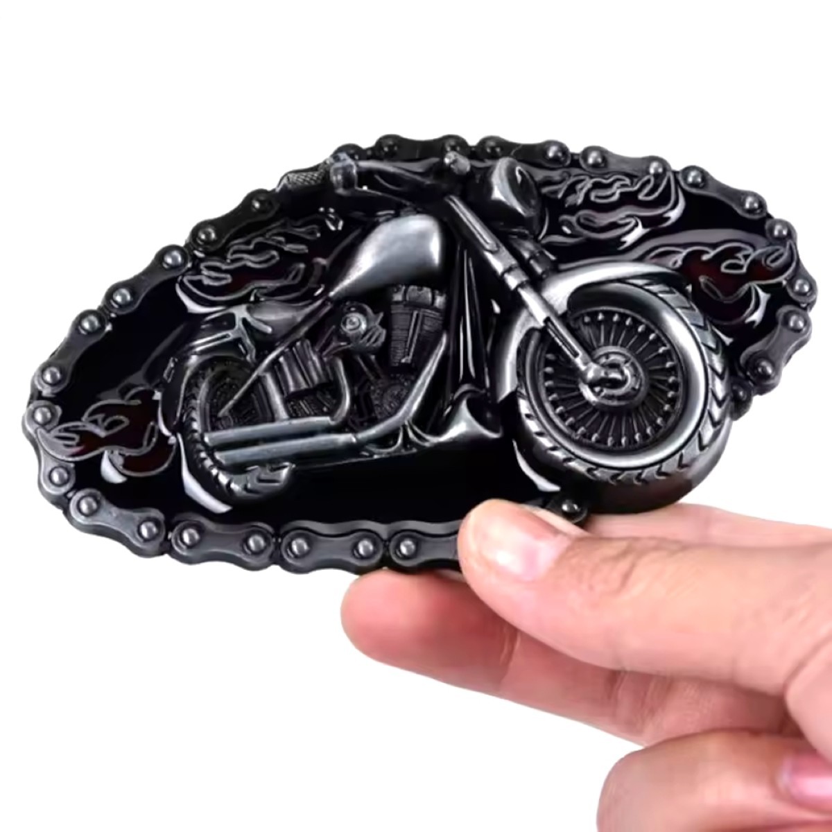 Western-Style Biker Buckle Motorcycle & Chain Design
