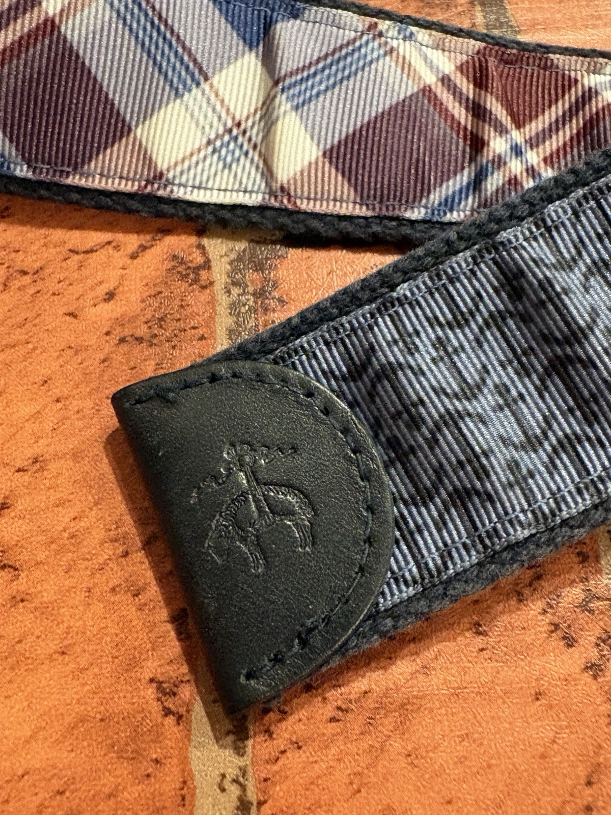 Brooks Brothers Belt L Leather Tab D O Ring Reverse Plaid Nautical Anchor Blue