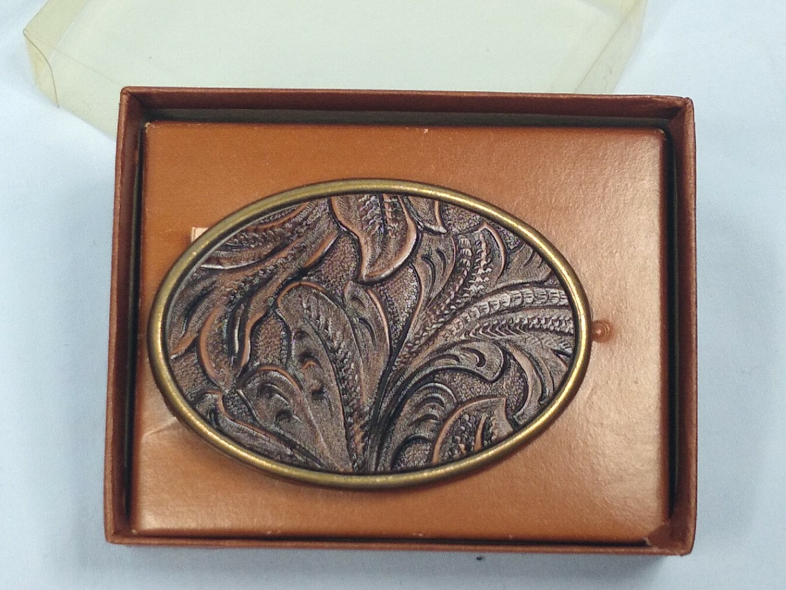 Oden Leaf Pattern USA Made 2 3/4 X 2 inches Belt Buckle in Box