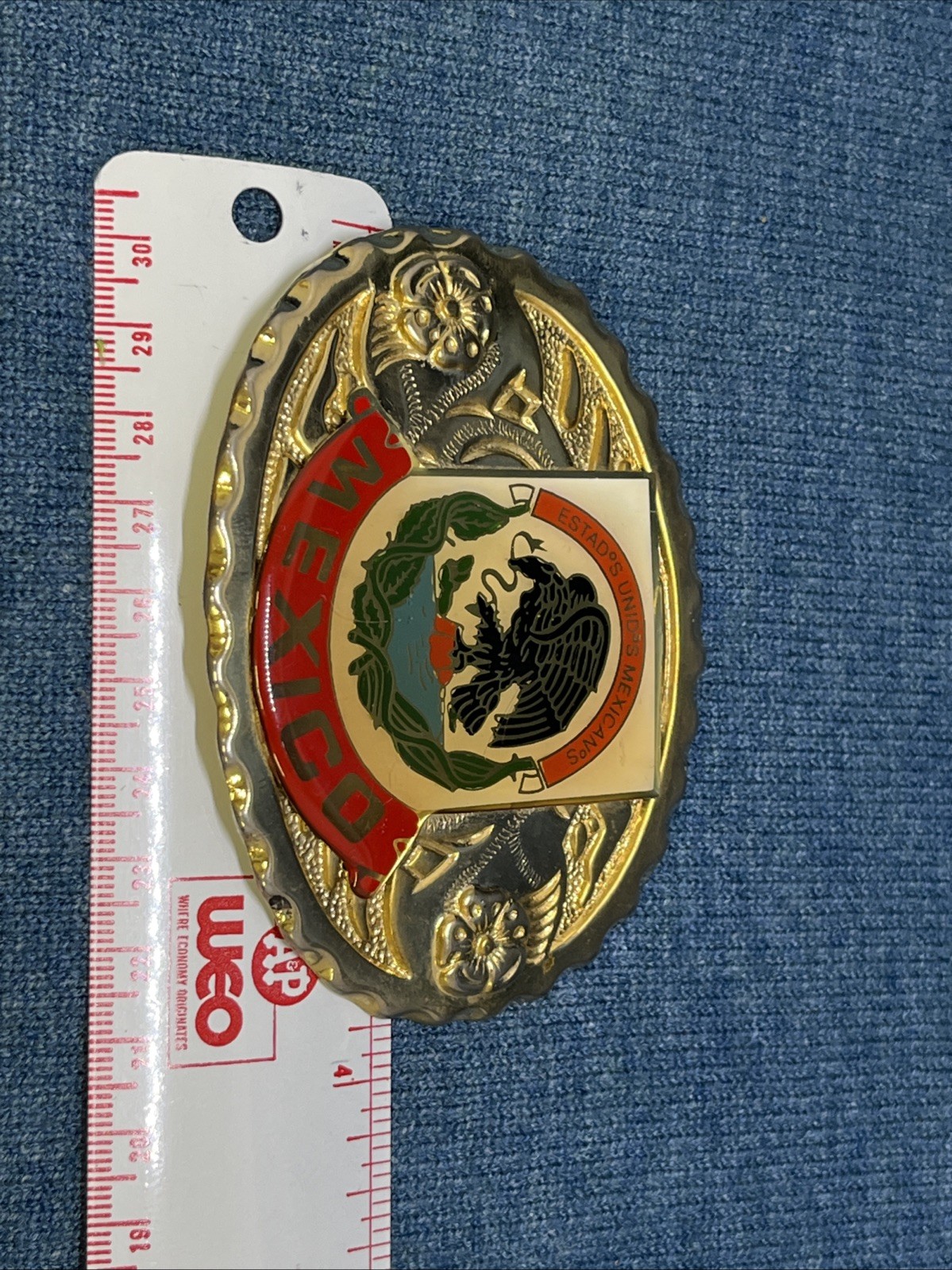 Vtg Mexico Belt Buckle Western Mexican Coat of Arms Eagle Snake Enamel Gold Tone