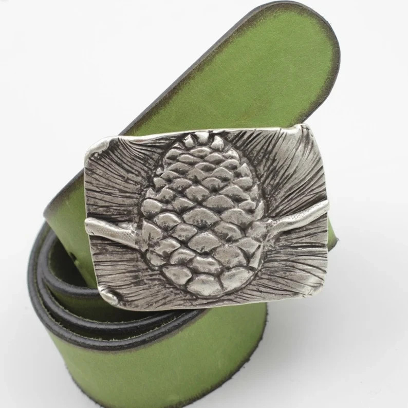 Pine Cone Belt Buckle in Antique Silver – Handmade Forest Motif Buckle