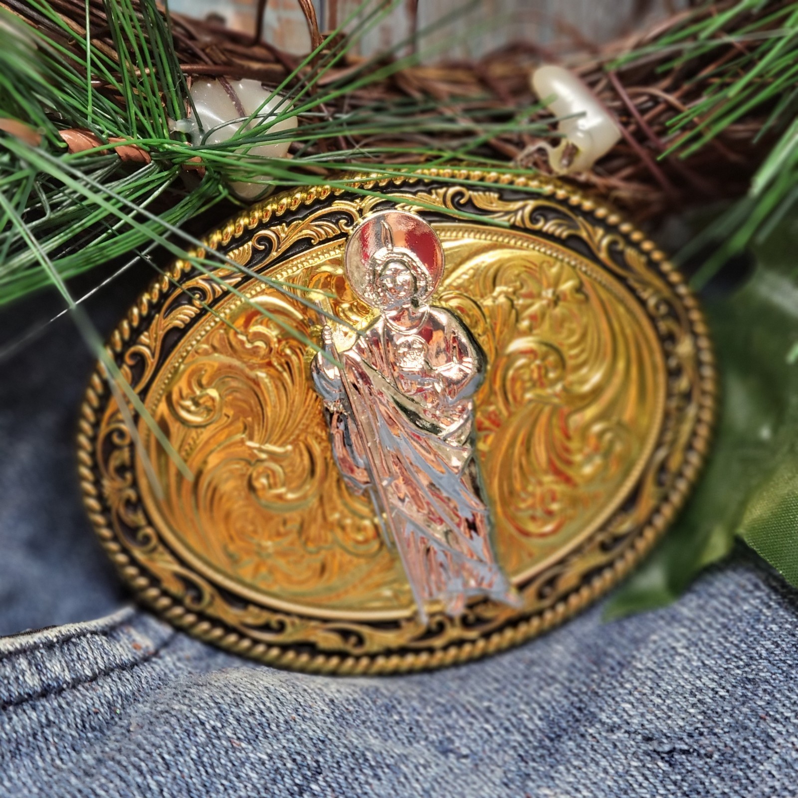 KIDS belt Buckle Saint jude San Judas Western Buckle Gold Tone & Silver Oval