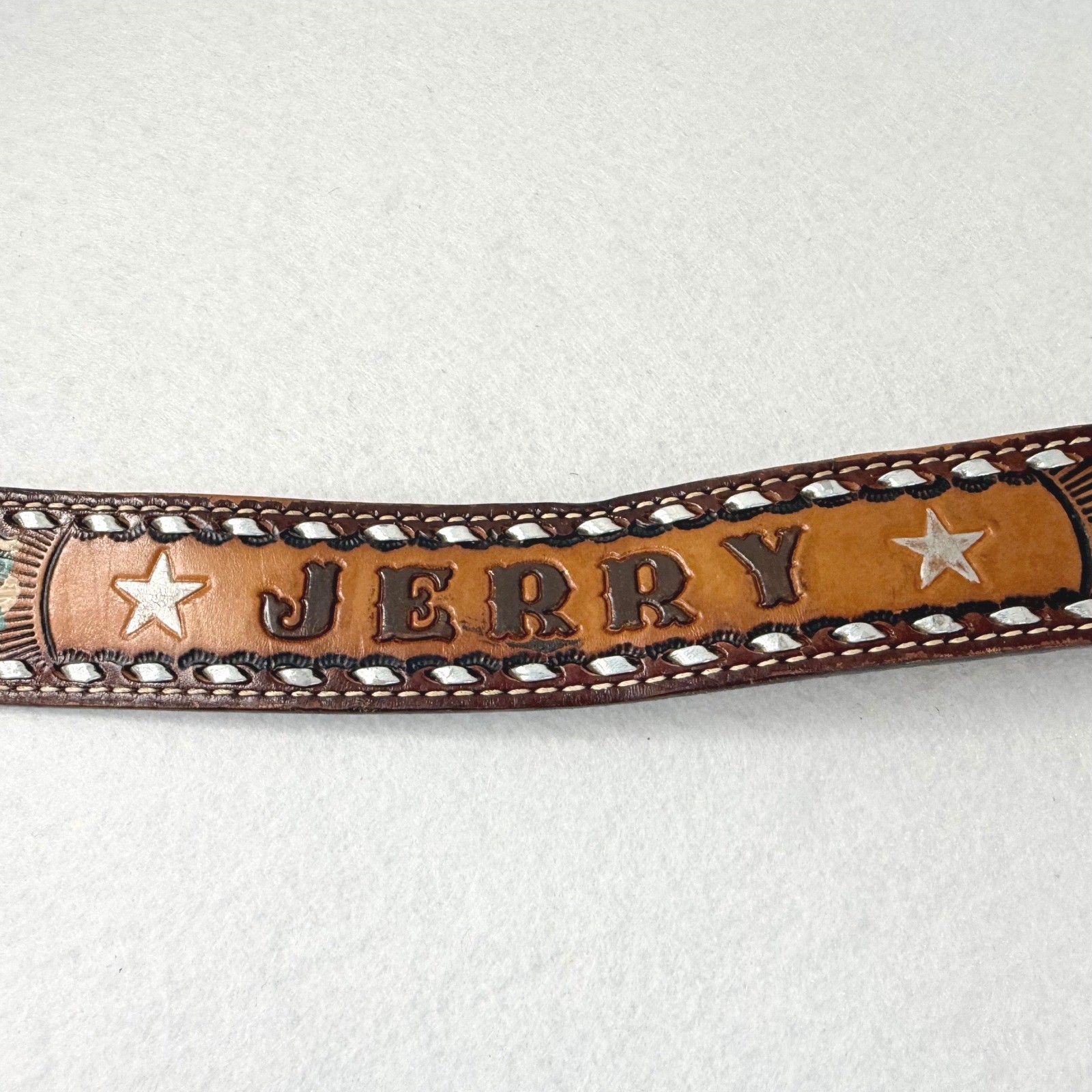 VTG Western Tooled Leather Belt Eagle Floral Inlay Personalized Jerry Size 36