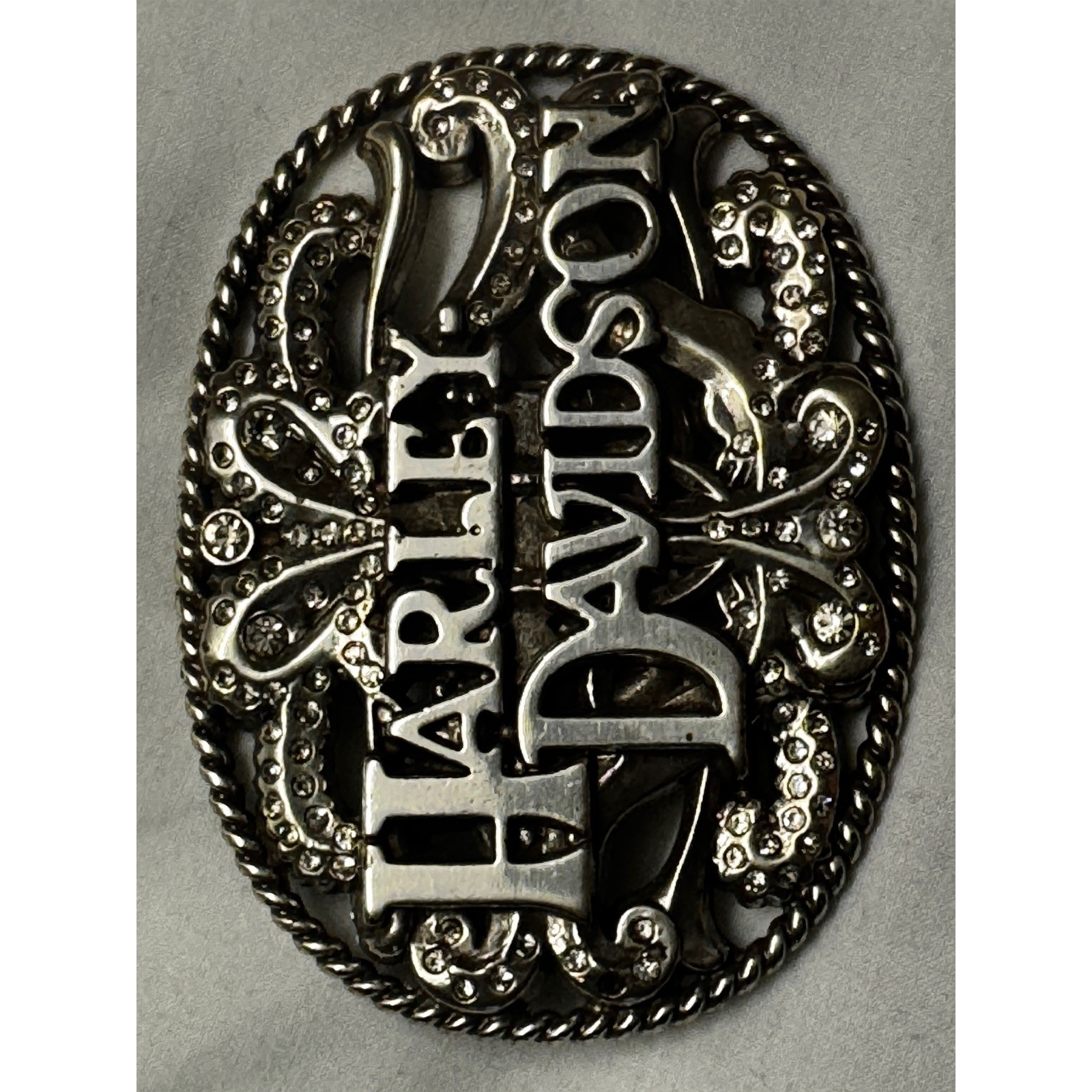 Harley Davidson Belt Buckle Silver Tone Filigree Rhinestone Biker Oval Scroll