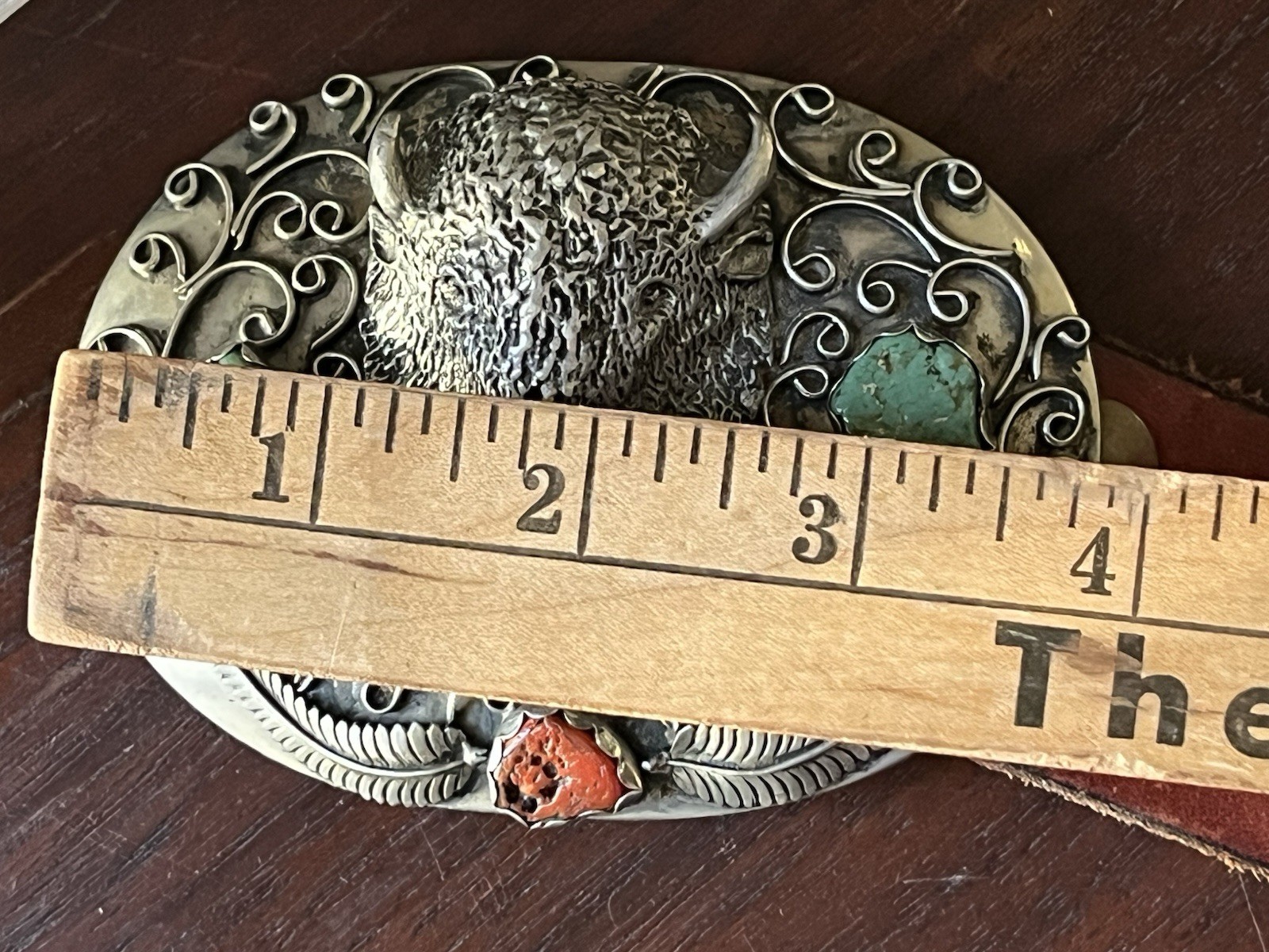 Vintage Sterling Signed Gomez Belt Buckle – Buffalo Turquoise/Coral
