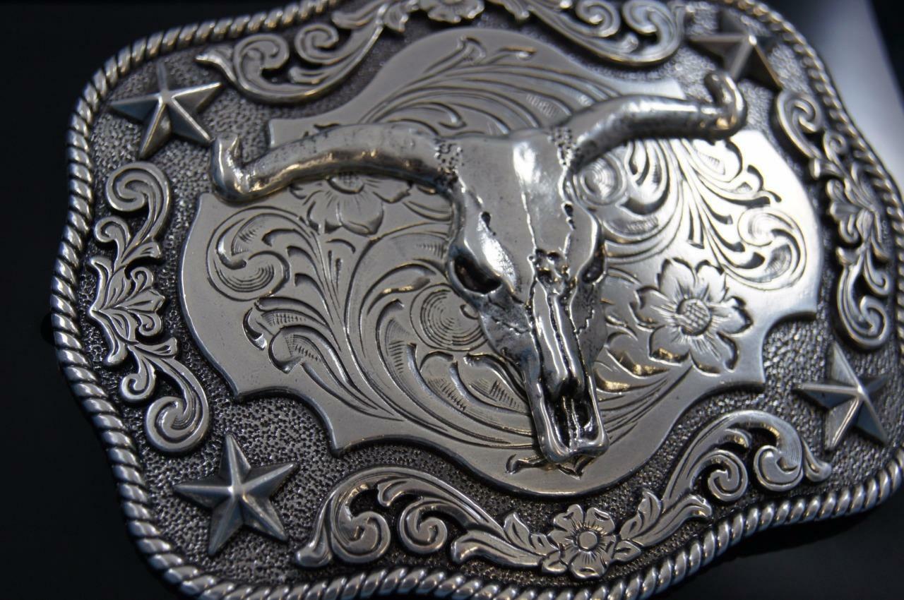 Nocona Western Belt Buckle Longhorn Roped Edge Steer Skull Silver 3798664