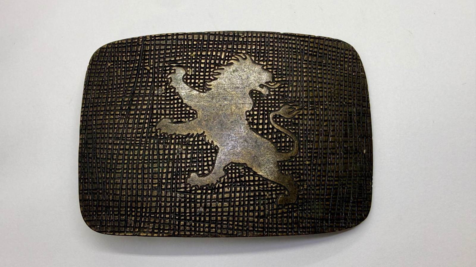 Heraldic Rampant Lion Grid Pattern Brass Tone Belt Buckle, Made in Italy