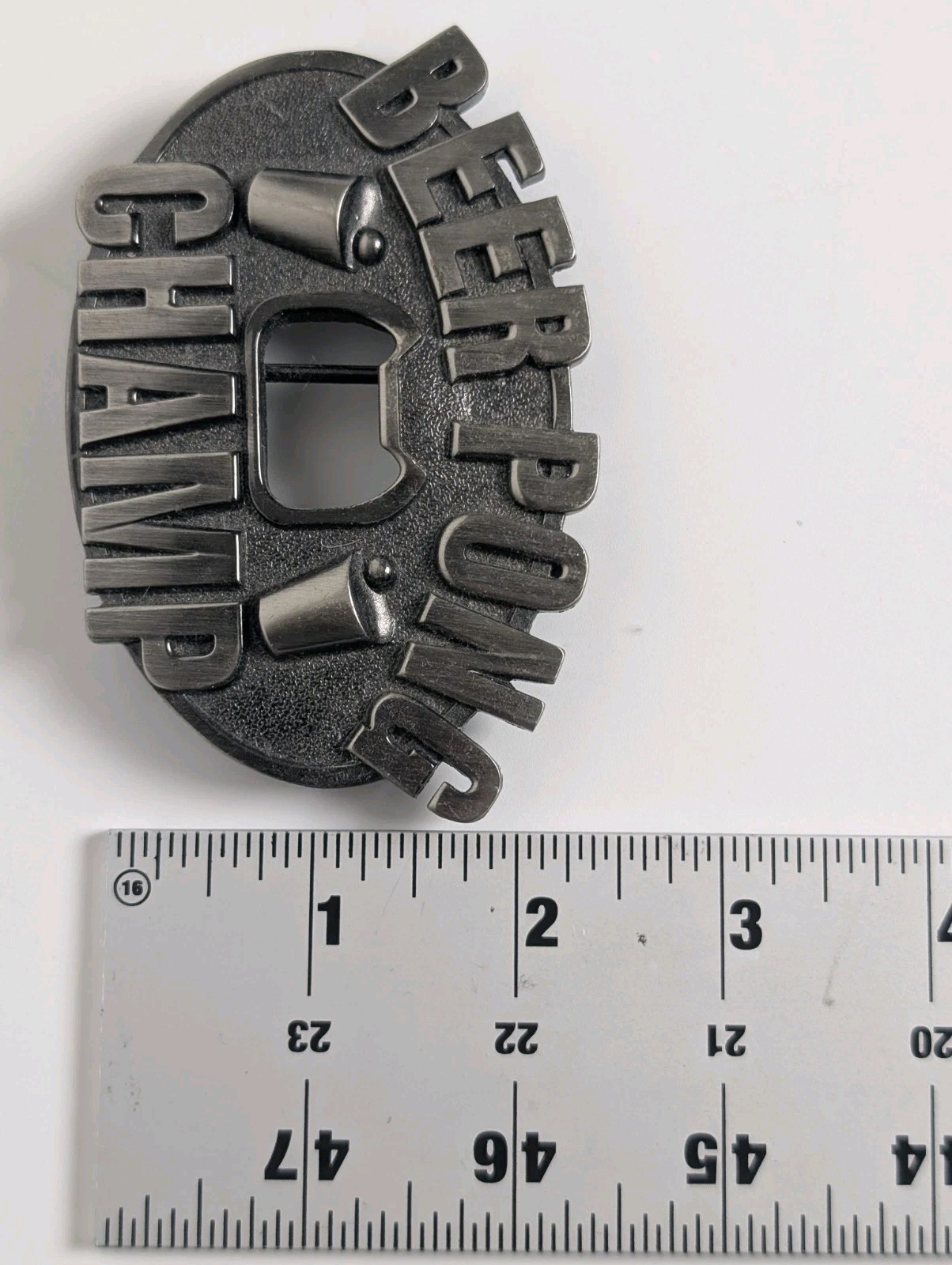 Beer Pong Champ Belt Buckle with Built-in Bottle Opener – Kalan – Pewter Tone