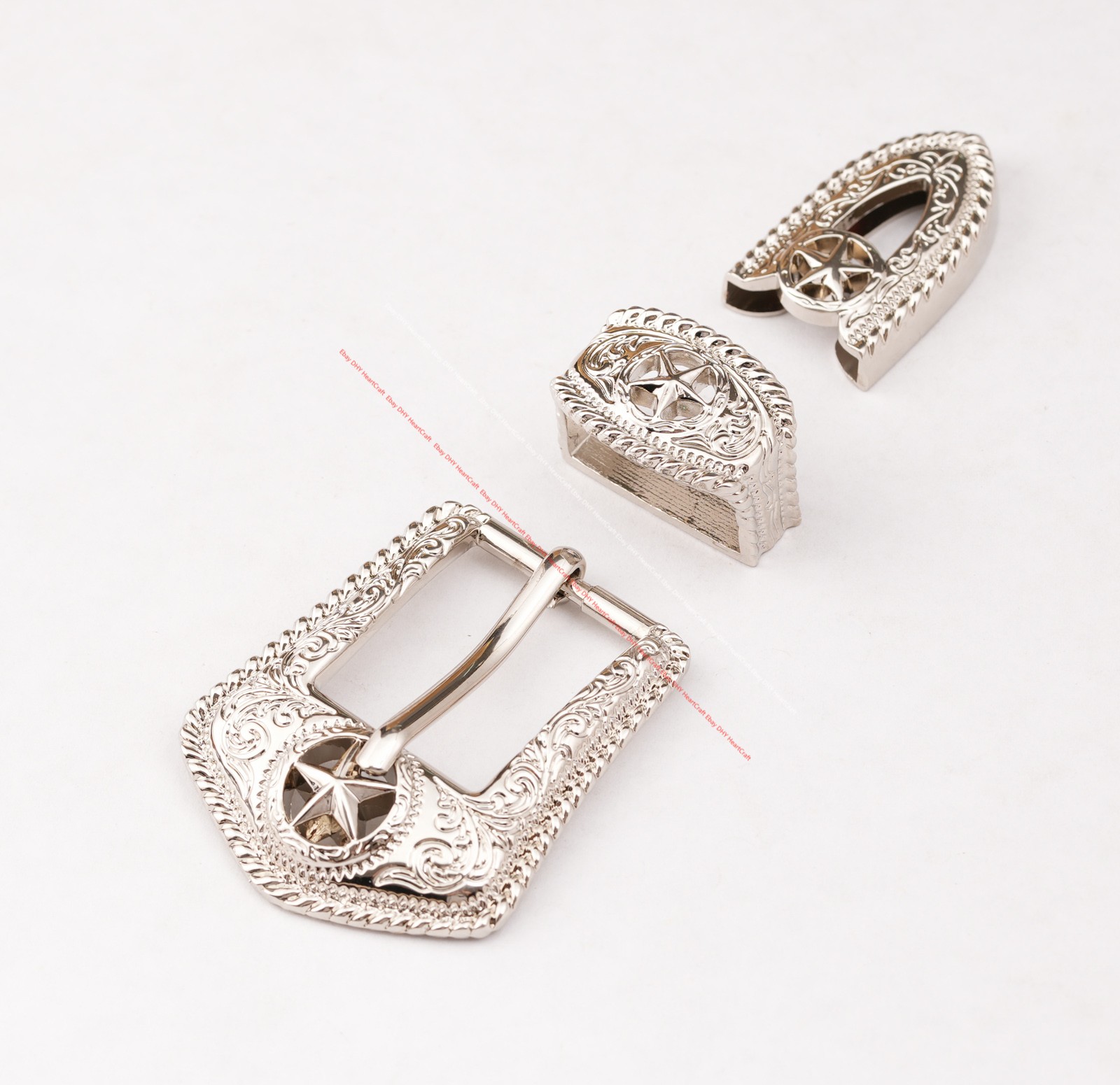 25MM Western Texas Star Leathercraft Belt Buckle Set 3-Piece Filigree Engraved