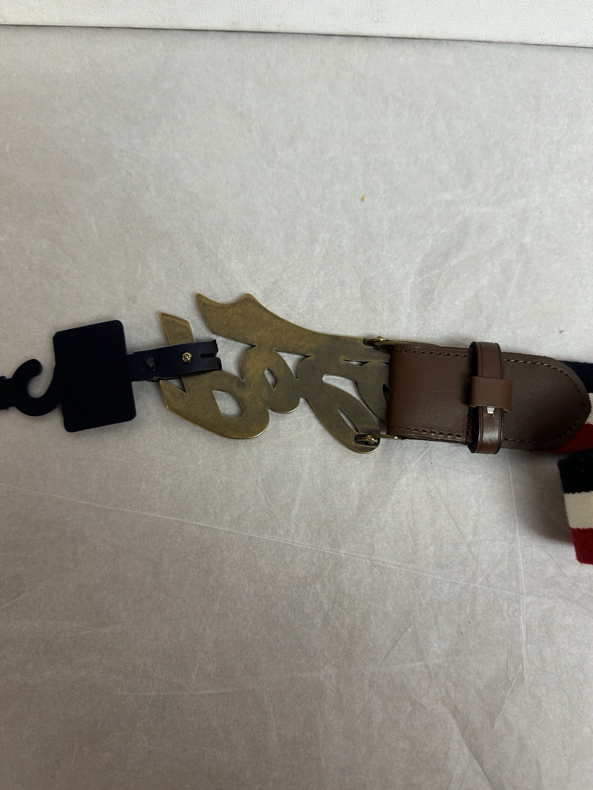 Polo Ralph Lauren Canvas &Leather Belt Script Logo Buckle Red White Blue Size 42