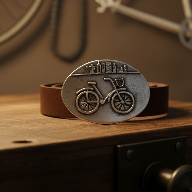 Oval Bicycle Belt Buckle Antique Silver With Road Bike Rider Vintage Style