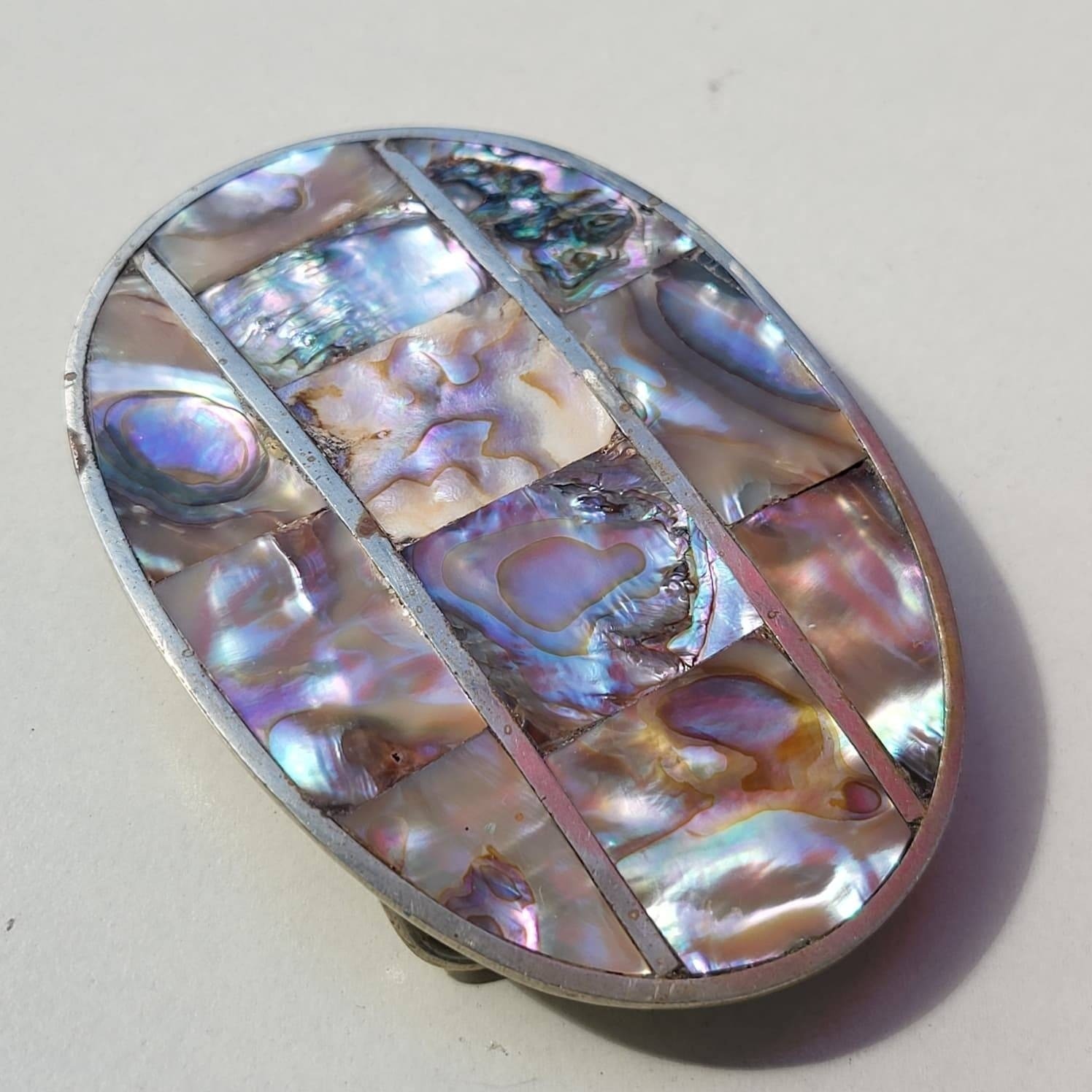 Vintage Alpaca Silver Abalone Shell Iridescent Mosaic Mexico Belt Buckle