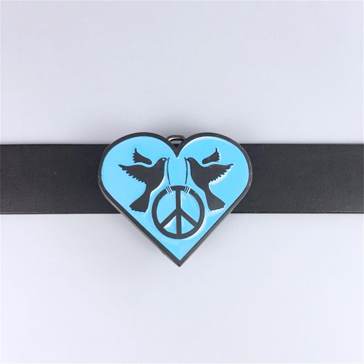 Heart With Peace Sign Blue Enamel Belt Buckle Boucle de ceinture