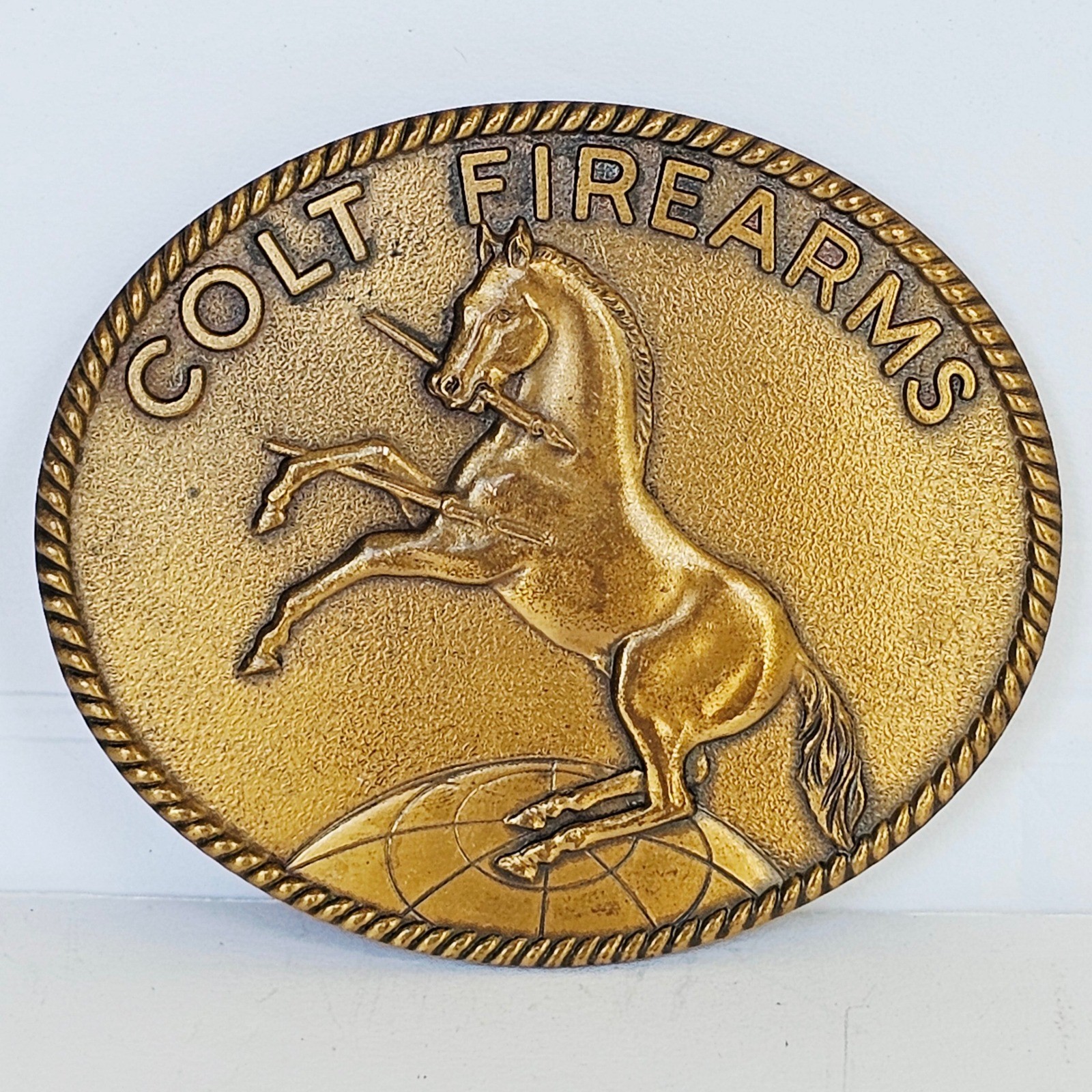 70&rsquo;s Colt Firearms Belt Buckle Signed Brass Tone Rampant Colt Horse Logo Western