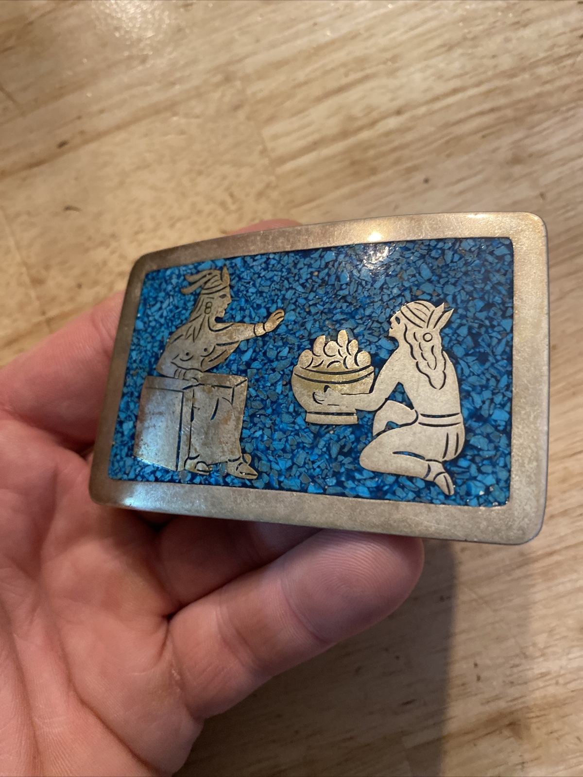 Aztec Sterling Silver .925 Vintage Belt Buckle Turquoise Collector Patina 2.7 OZ