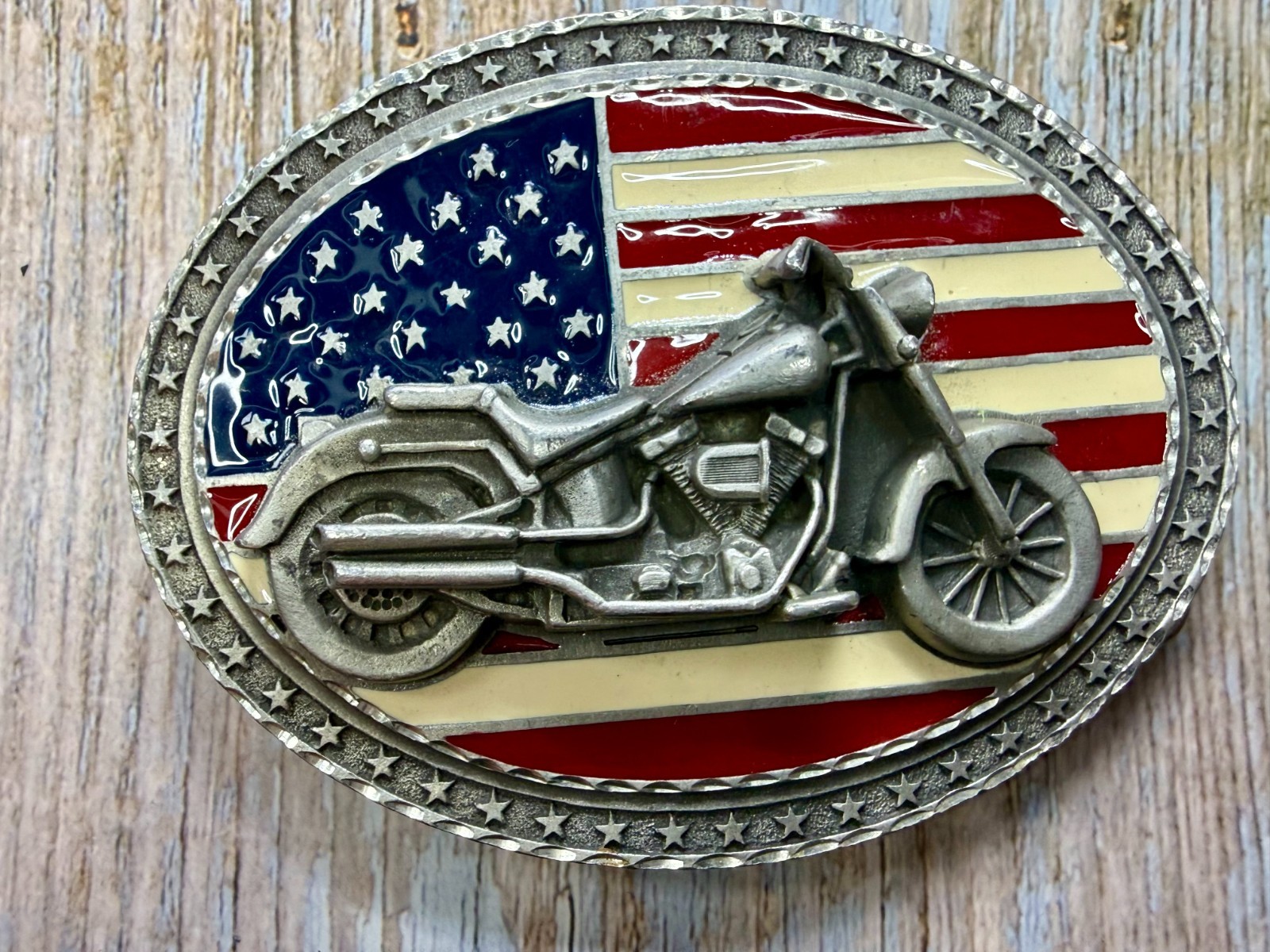 USA American Flag Motorcycle Star Border 2002 EJC Belt Buckle by Legend West