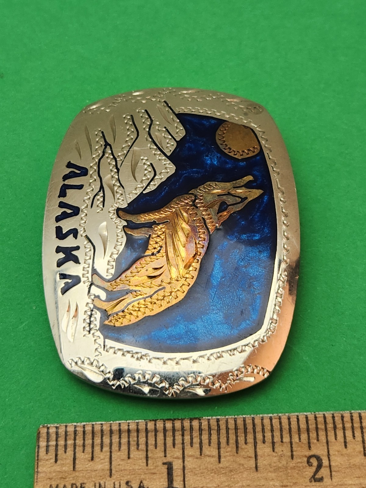 ALASKA HOWLING WOLF MOONLIGHT BELT BUCKLE HANDMADE USA GERMAN SILVER