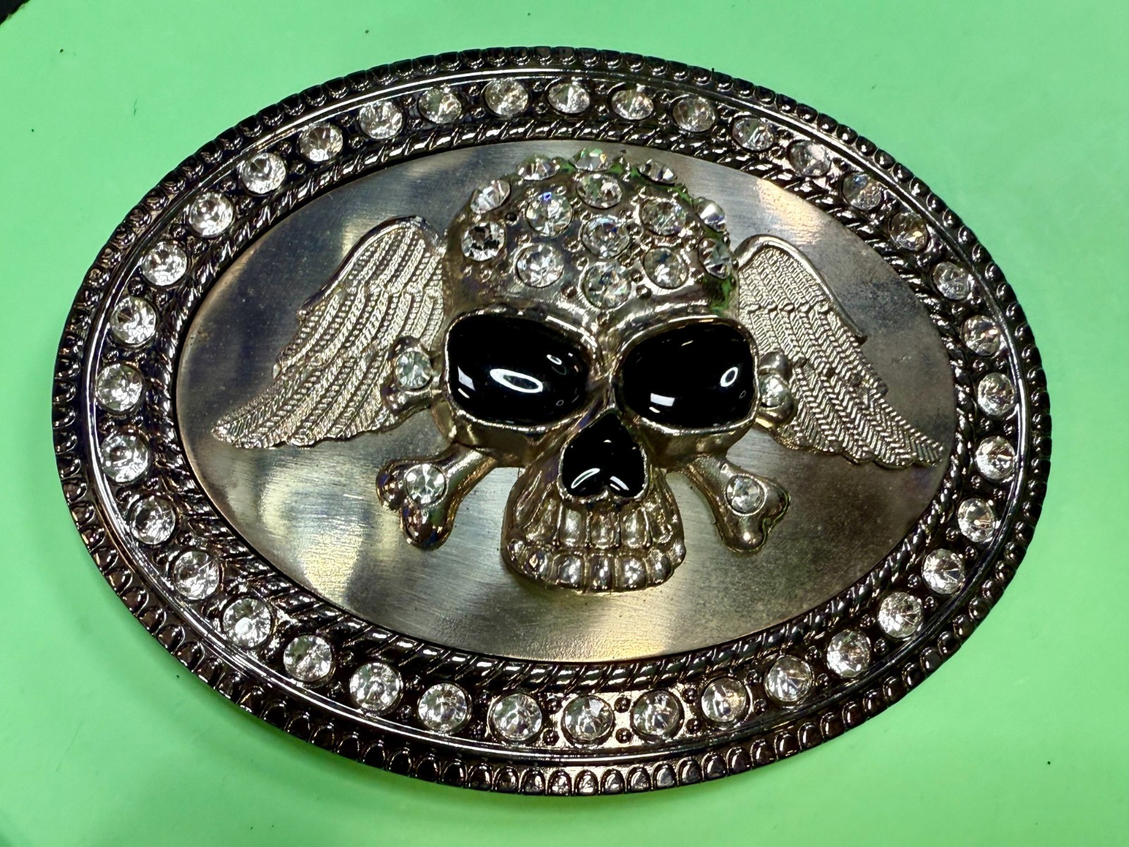 Skull Wings Crossbones with Clear Rhinestone Halloween Gothic LARGE Belt Buckle