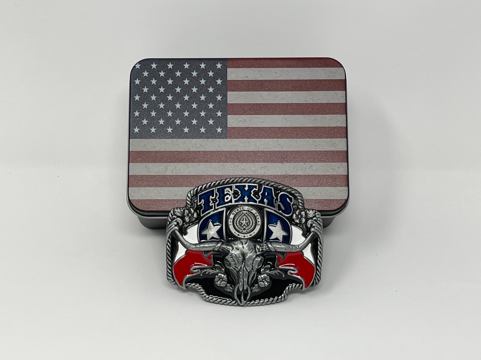 Texas Pride Belt Buckle with USA Flag Container – Western Belt Buckles for Men