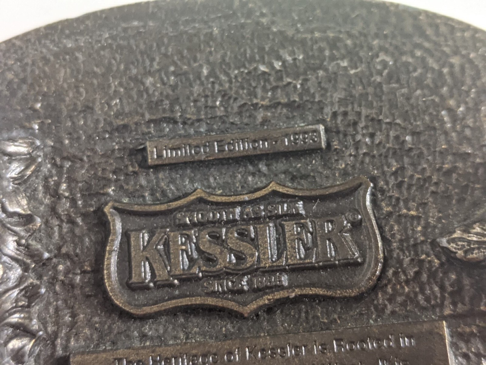 Kessler Belt Buckle The Spirit of Wisconsin 1993 Smooth as Silk bronze wearing