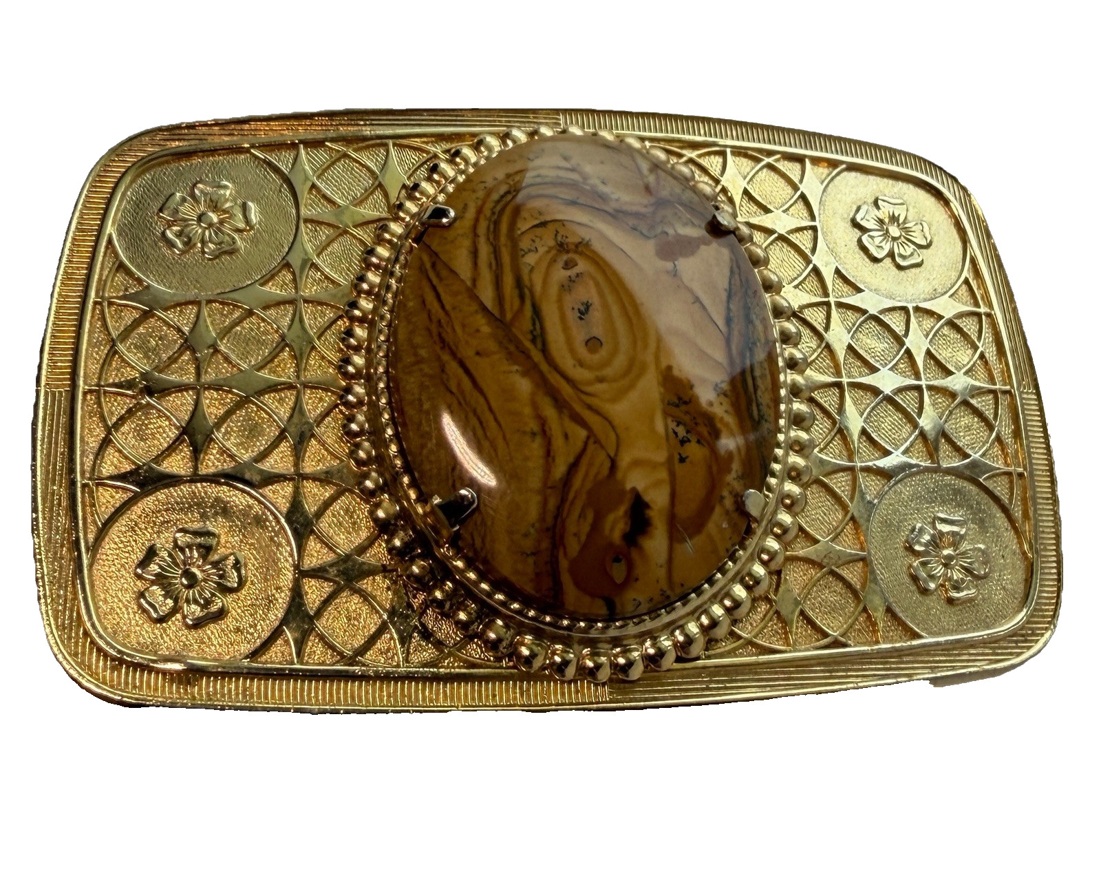 Vintage 1970 Western Belt Buckle Gold Tone Picture Jasper Cabochon Filigree Boho