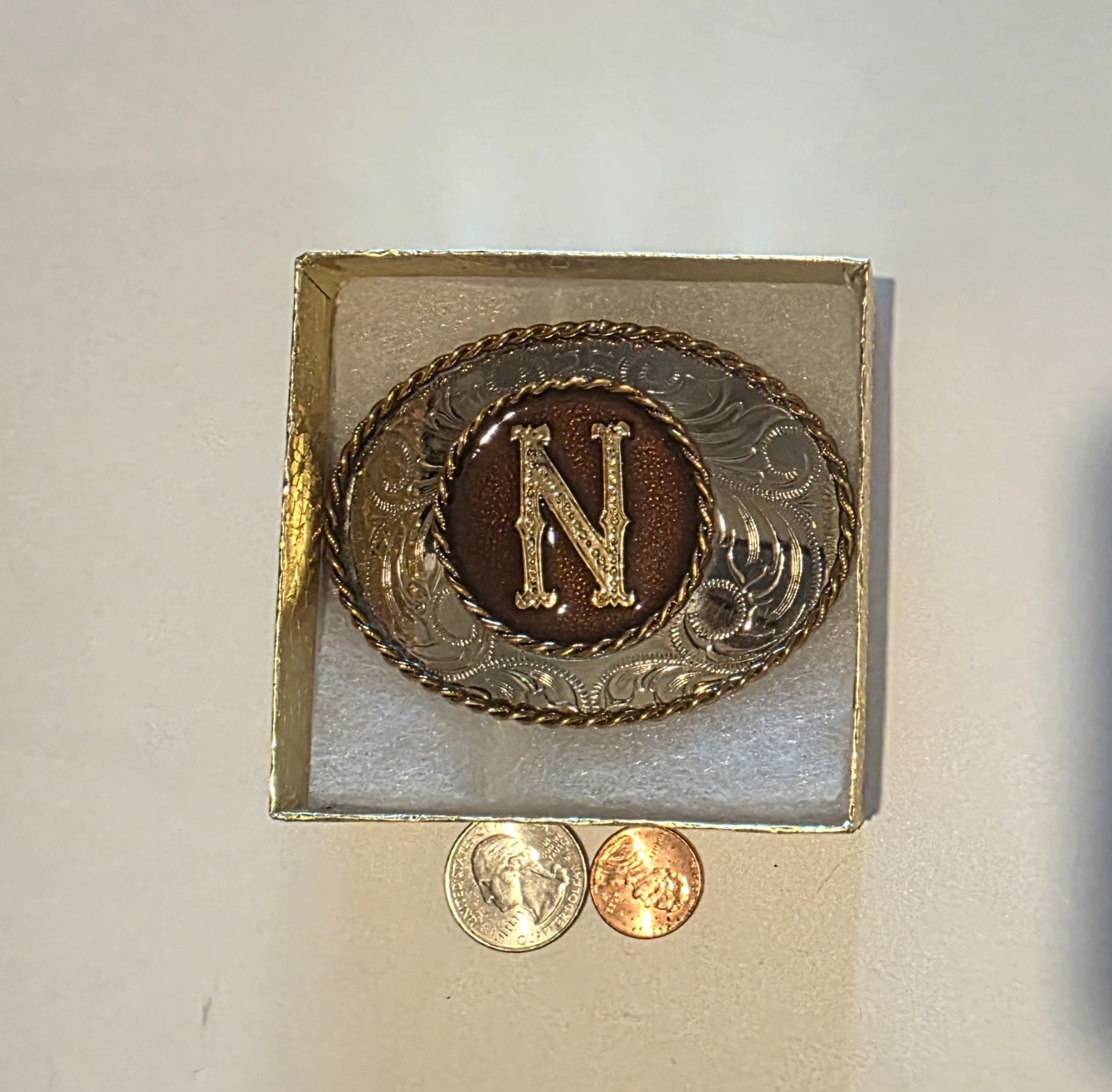 Vintage Metal Belt Buckle, Brass and Enamel, Letter N, Initial N Nice German