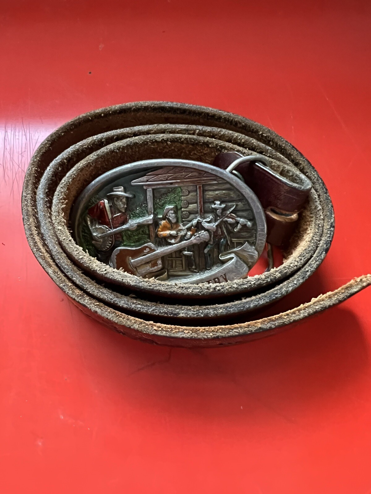 Country Music C & J Belt 1446 Enameled Metal Guitar Fiddle Banjo 1986 Leather