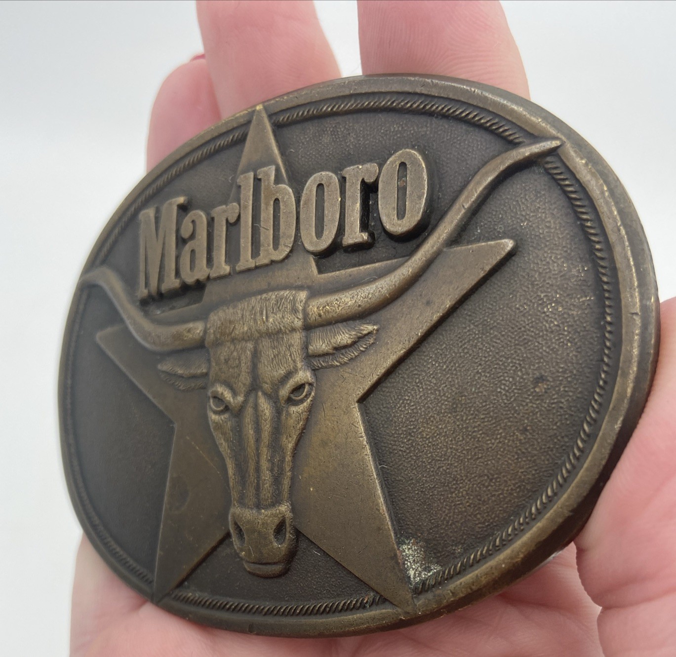 VINTAGE Marlboro Belt Buckle Mens Solid Brass Longhorn Star Western 1987