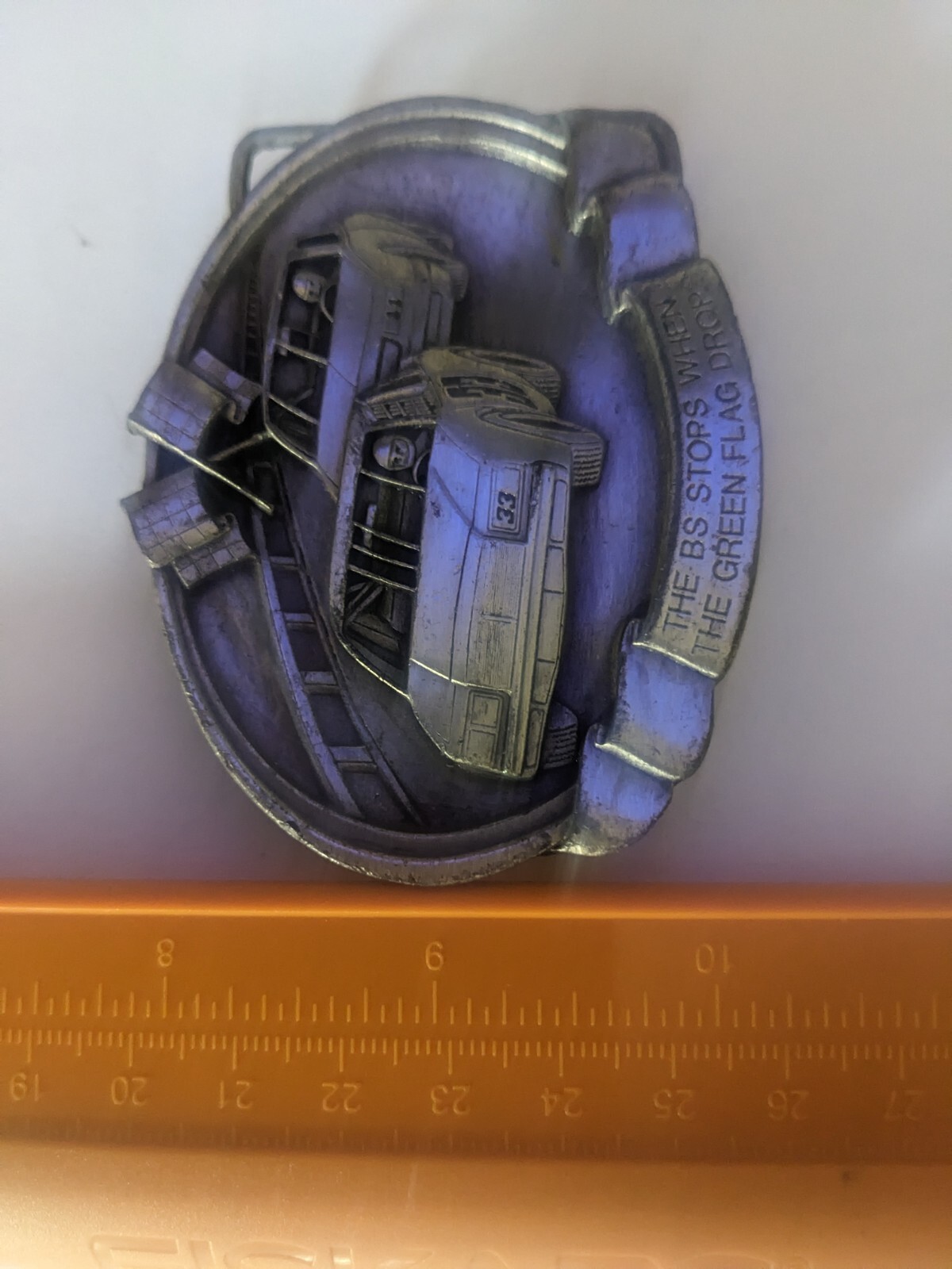 The BS Stops When The Green Flag Drops 1984 Bergamont Brass Works Belt Buckle