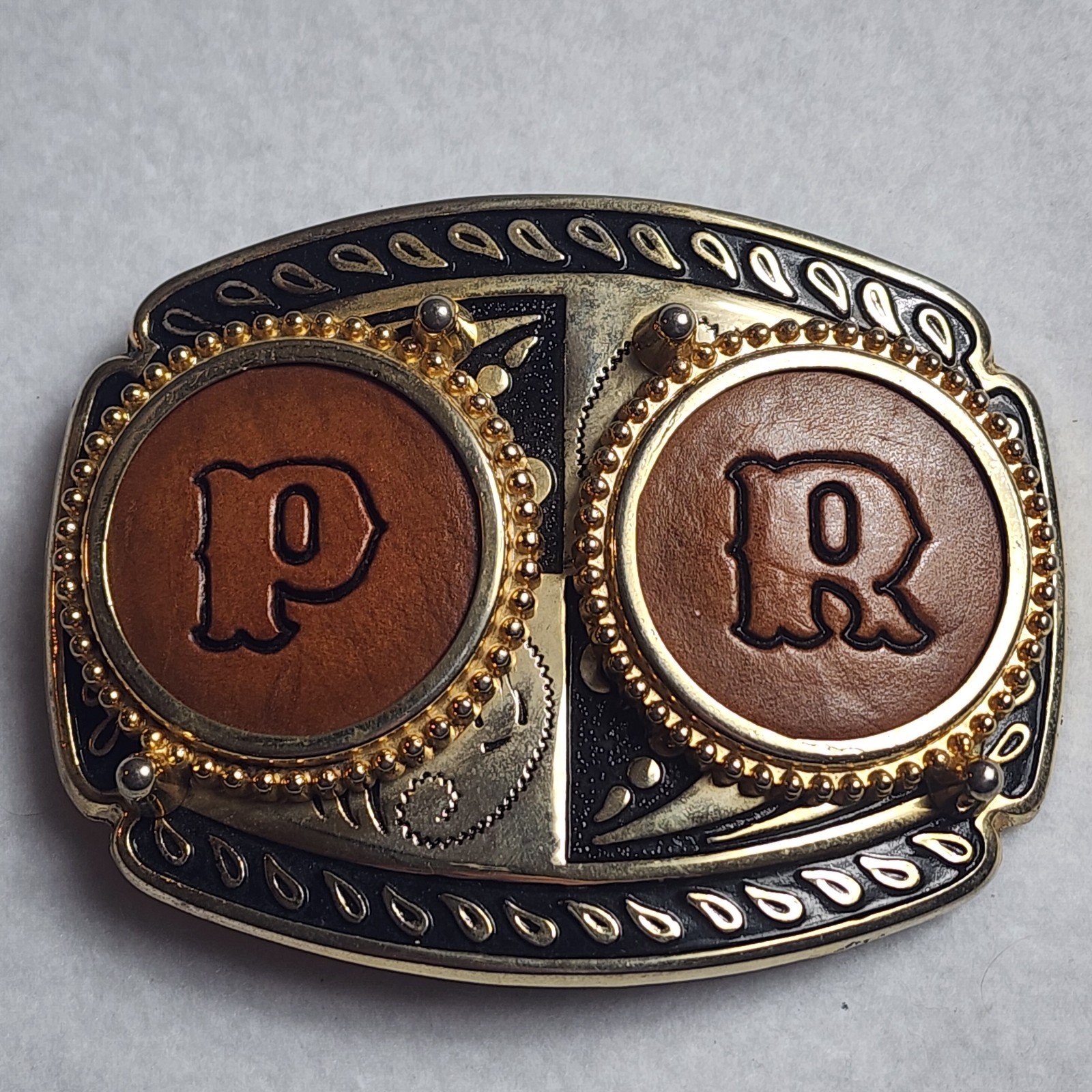 Leather Letters P & R Western Cowboy Rodeo Gold-Toned Rope Trim Belt Buckle