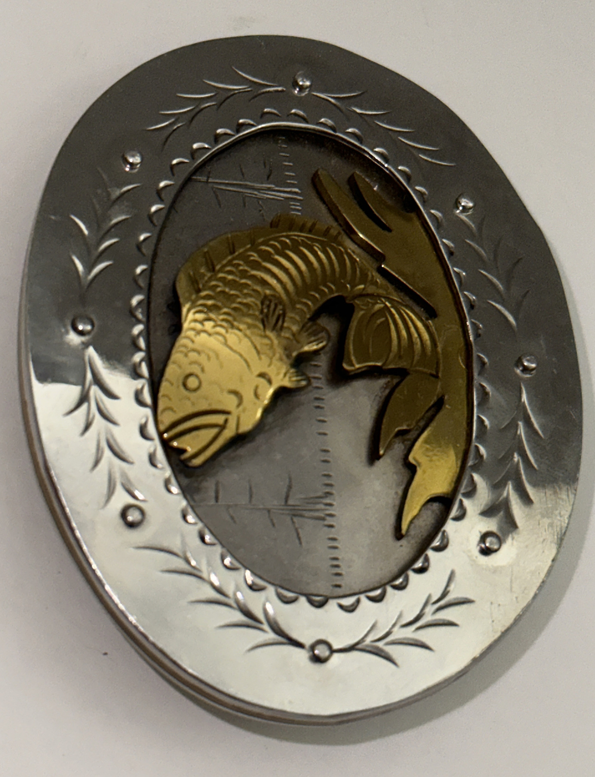 Framed Fish Handmade Stamped & Riveted Belt Buckle with Makers Mark on Back EUC
