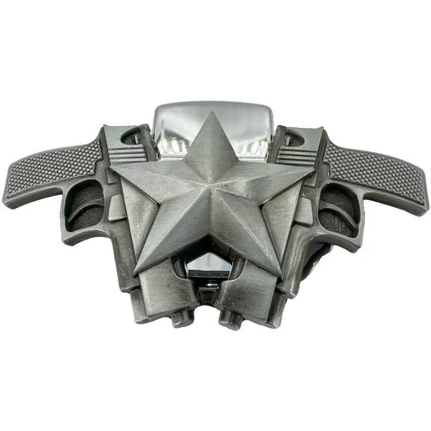 Two Guns and Star Refillable Flip Top Lighter in a Belt Buckle Combo