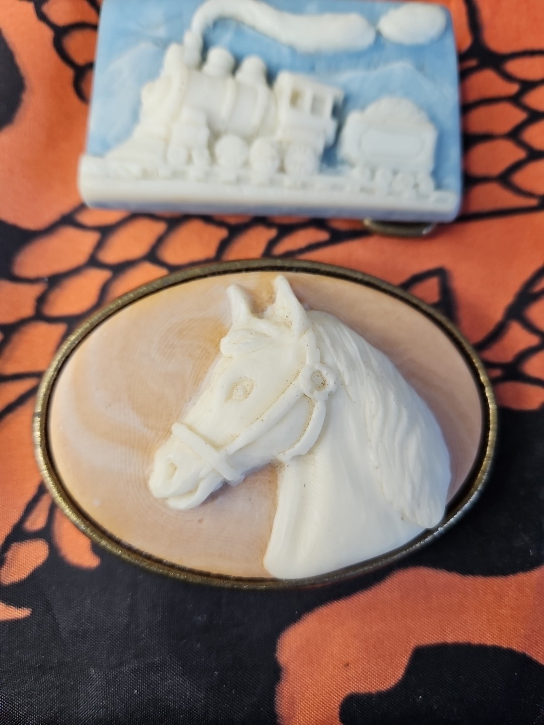 3 Vintage CAMEO belt buckles Horse, Train, and Hunting Dog. Robert Nemith