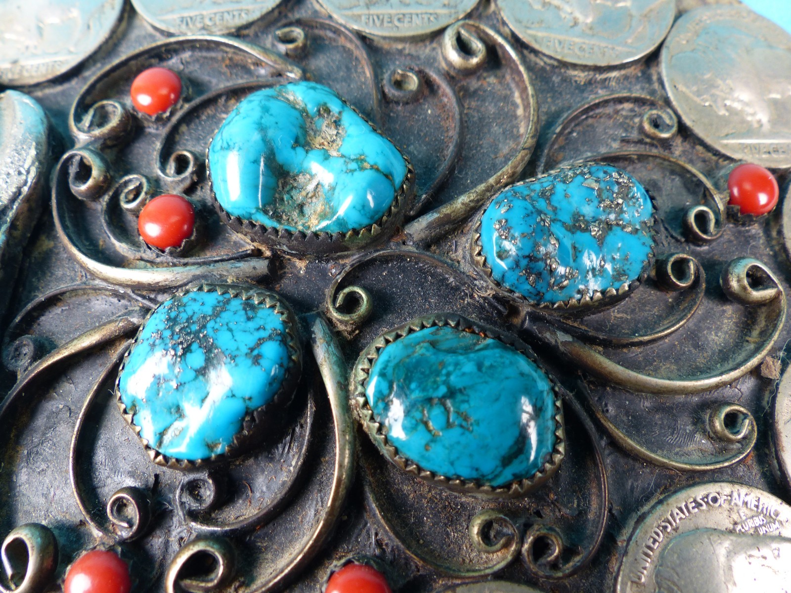 Vtg 1970&rsquo;s NA Style Turquoise Coral Buffalo Nickel Silver Squaw Wrap Belt Buckle