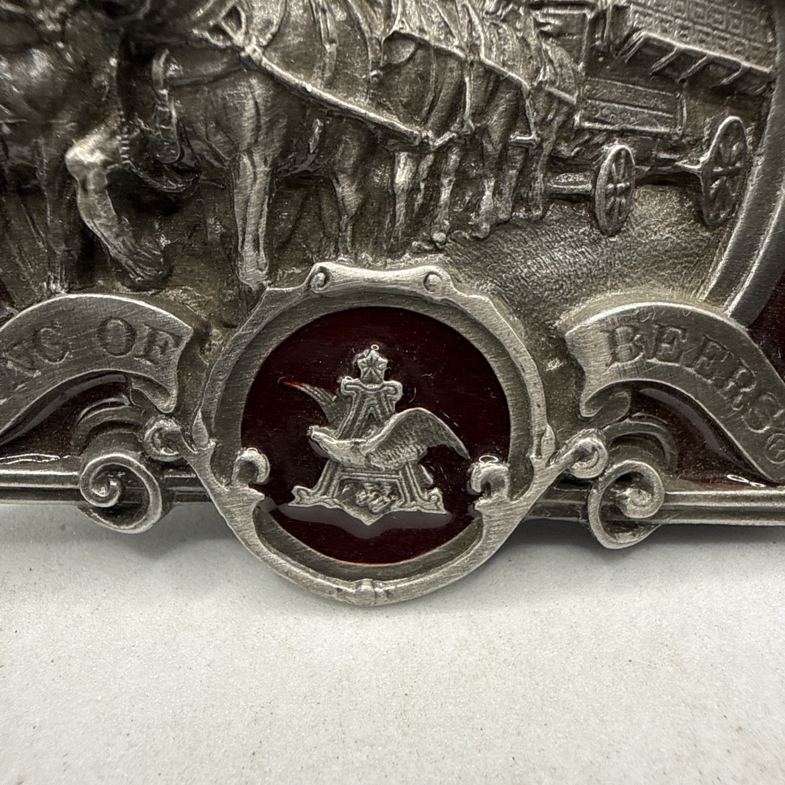 Vintage Budweiser Clydesdale King of Beers Belt Buckle red enameled pewter