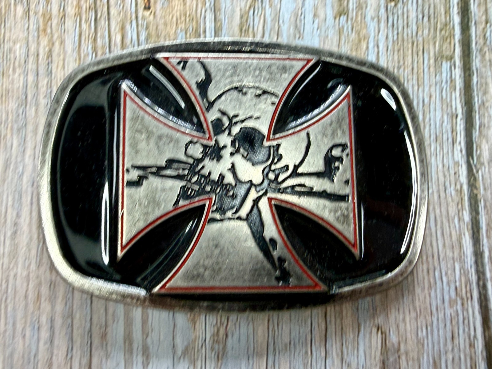 Maltese Iron Cross with Skull Cutout Black Enamel Gothic Punk Vibe Belt Buckle