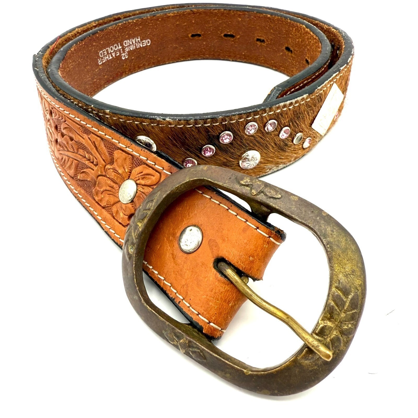 Montana Silversmiths Western Belt 32&Prime; Tooled Leather Cowhide Studs Statement