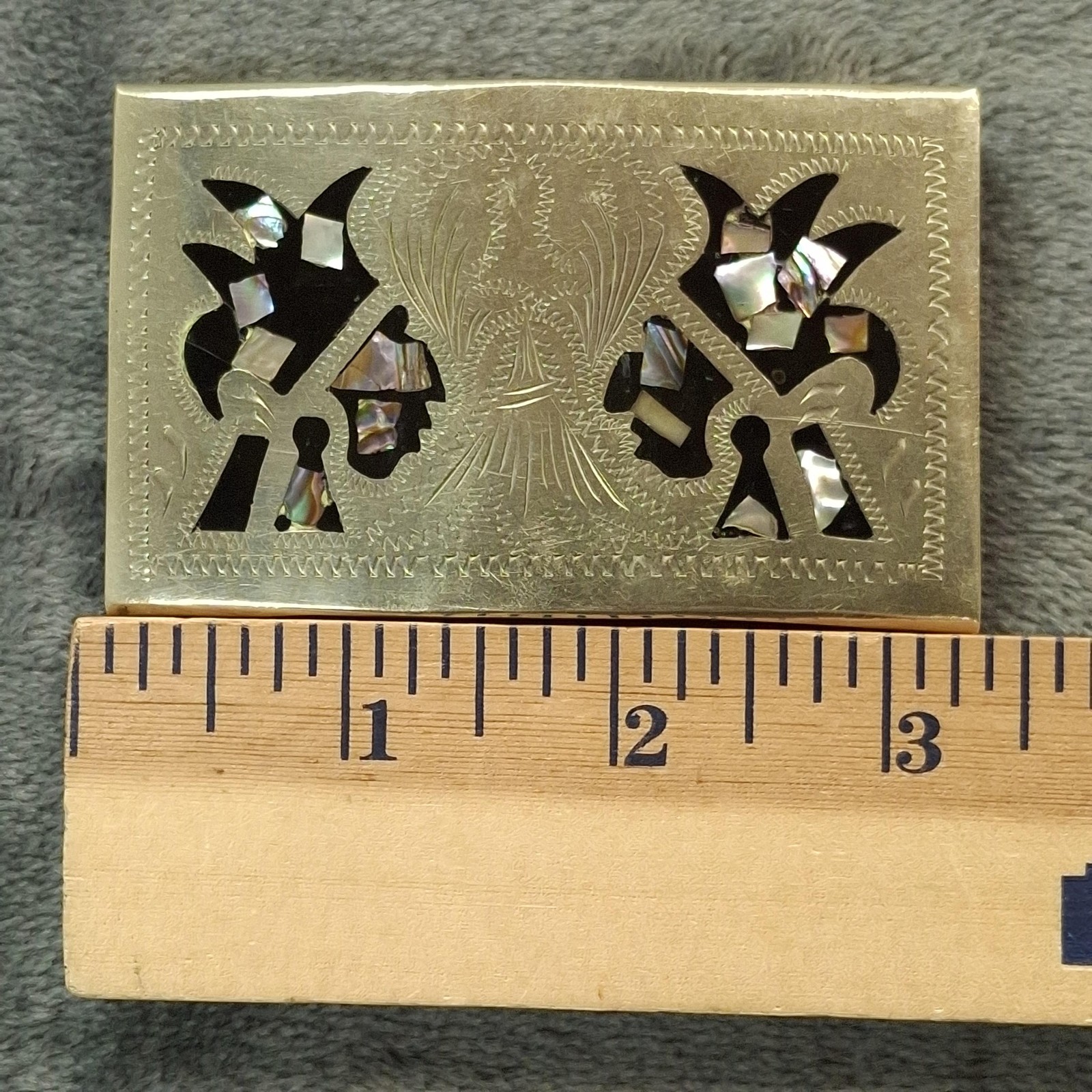 Vtg Alpaca Mexico Abalone Inlay Belt Buckle Hand Engraved Folk Art Western 3&Prime;