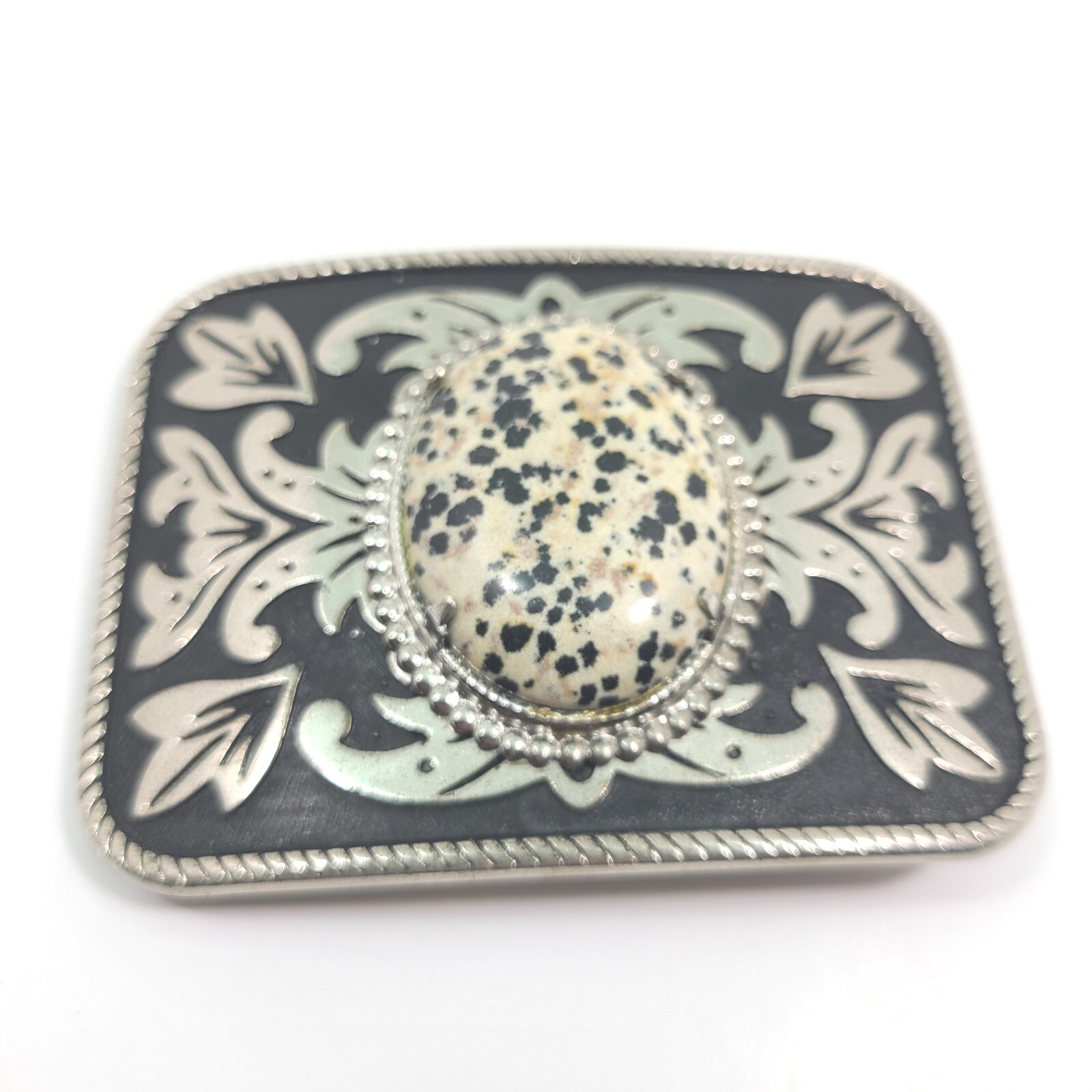 Western Belt Buckle Spotted Stone Center Dalmation Jasper Agate Metal Cowboy Vtg