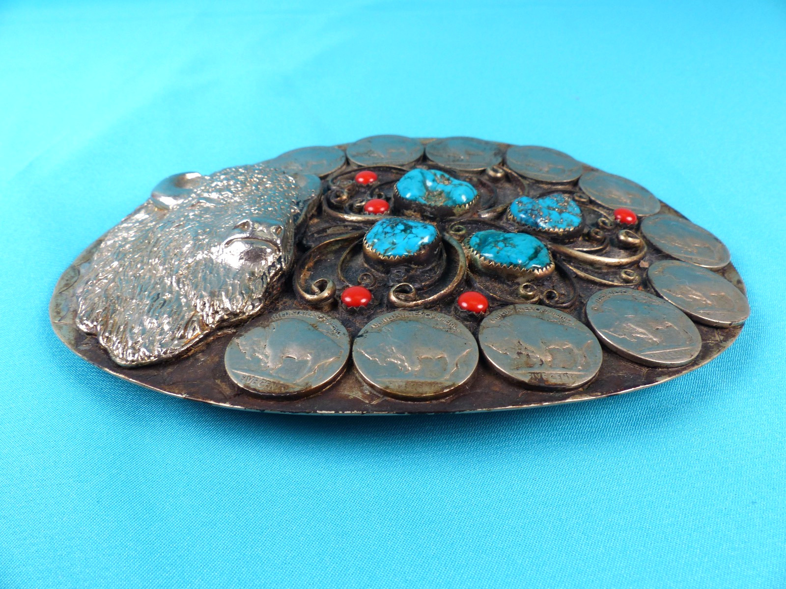 Vtg 1970&rsquo;s NA Style Turquoise Coral Buffalo Nickel Silver Squaw Wrap Belt Buckle