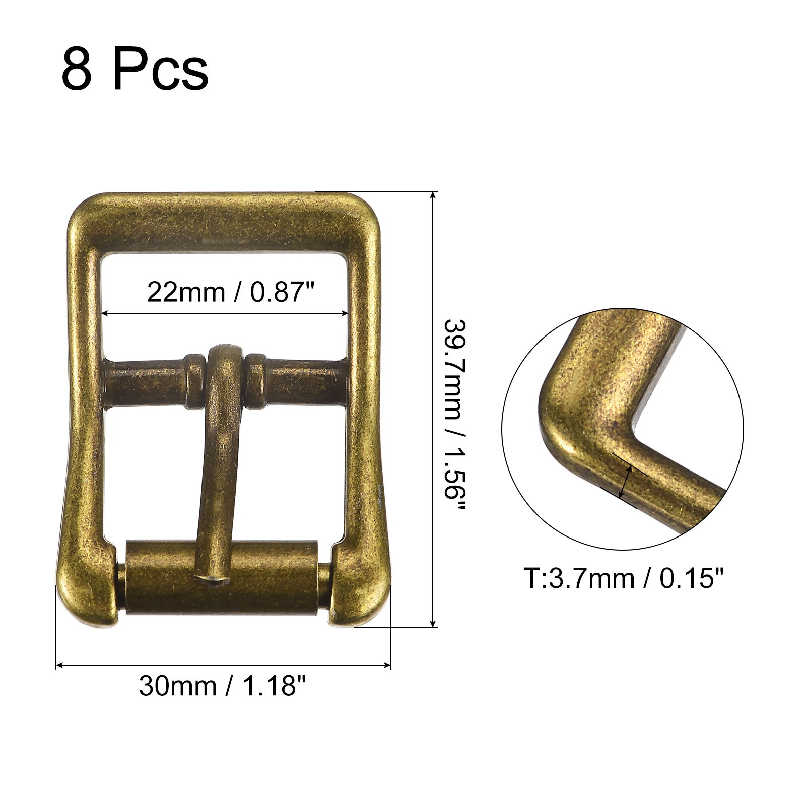 8Pcs 0.87&Prime; Single Prong Belt Buckle Square Center Bar Buckles for Belt Brass