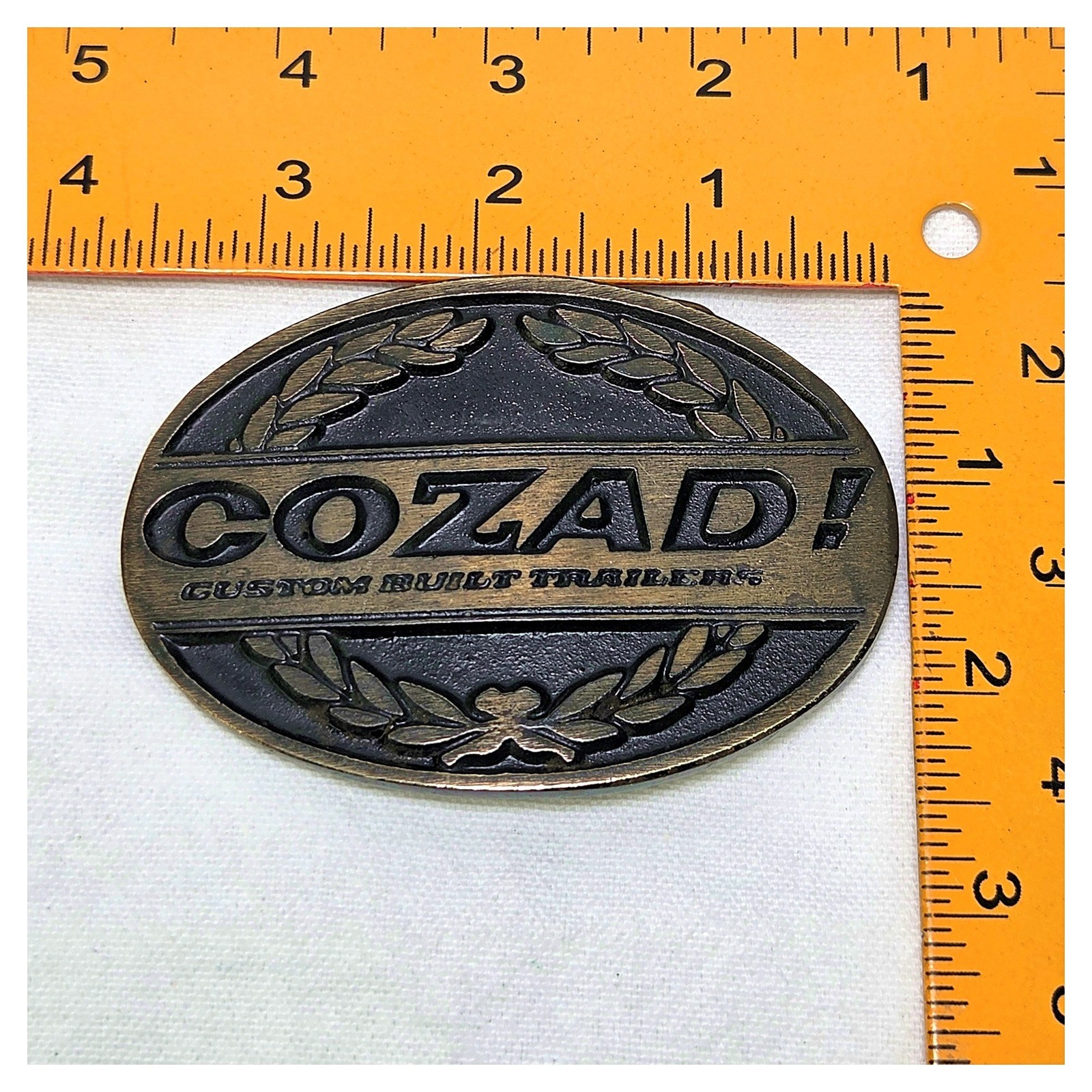 Cozad Custom Built Trailers Solid Brass Belt Buckle Oval Vintage Provo Utah Euc