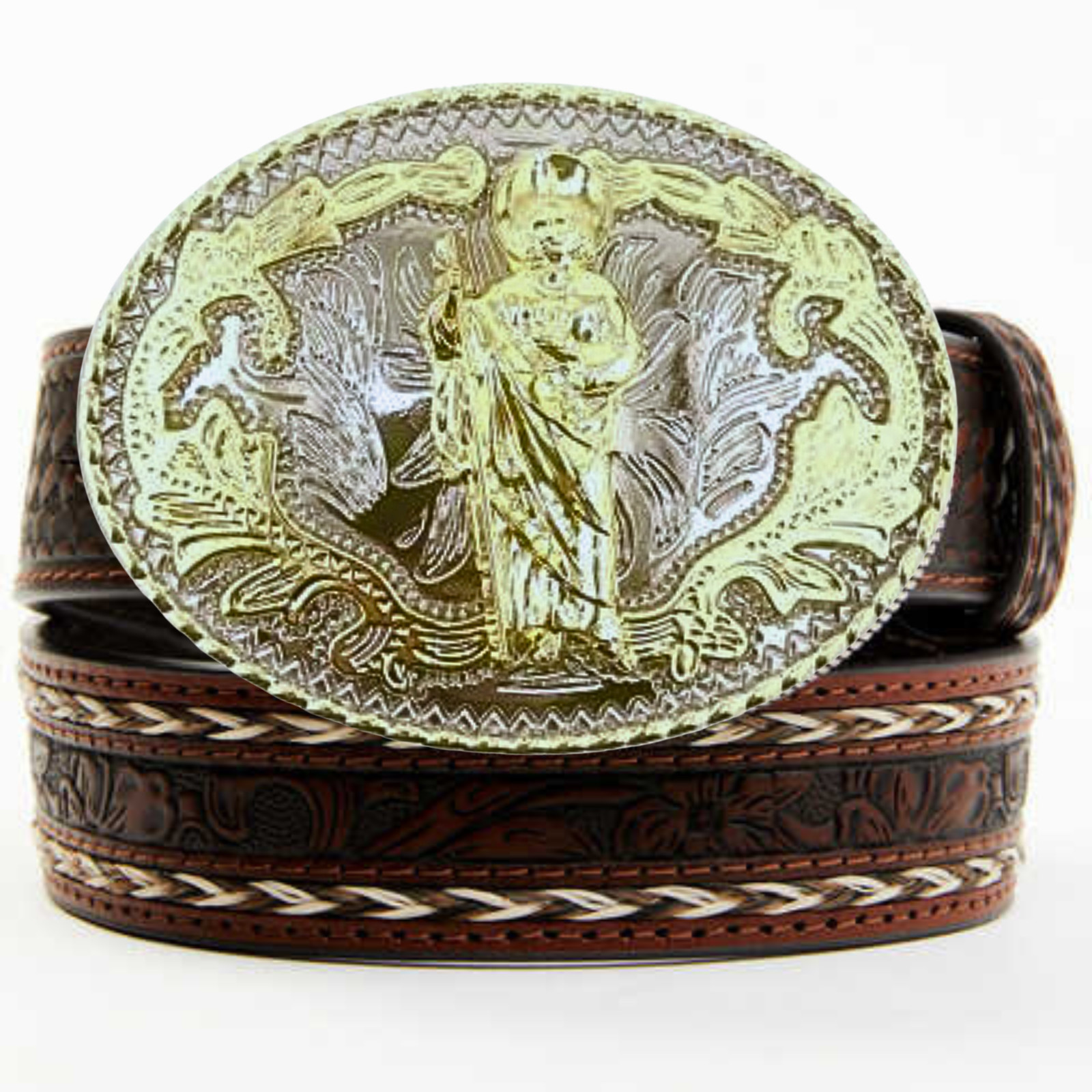 Saint Jude Western Rodeo Gold Tone Shine Design Fashion Cowboy Belt Buckle