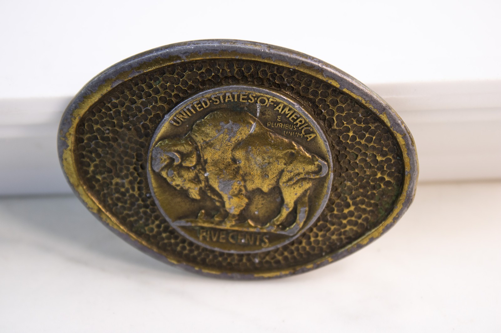 Vtg Brass Buffalo Nickel Bison Hammered Oval Belt Buckle Five Cents Western 70s