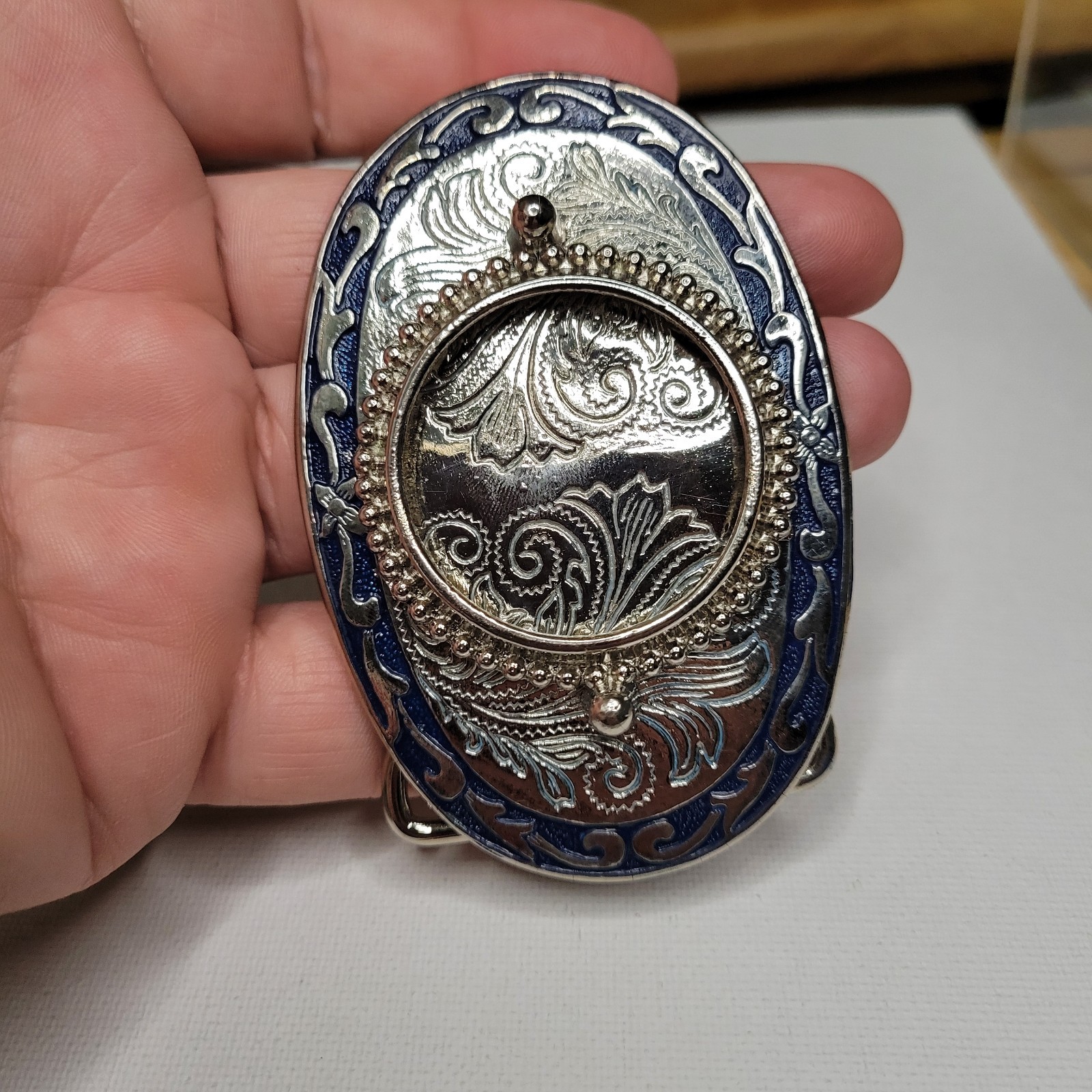 Vtg NOS Silver Dollar Coin / Gem Stone Holder Bezel Belt Buckle Blue Inlay Empty