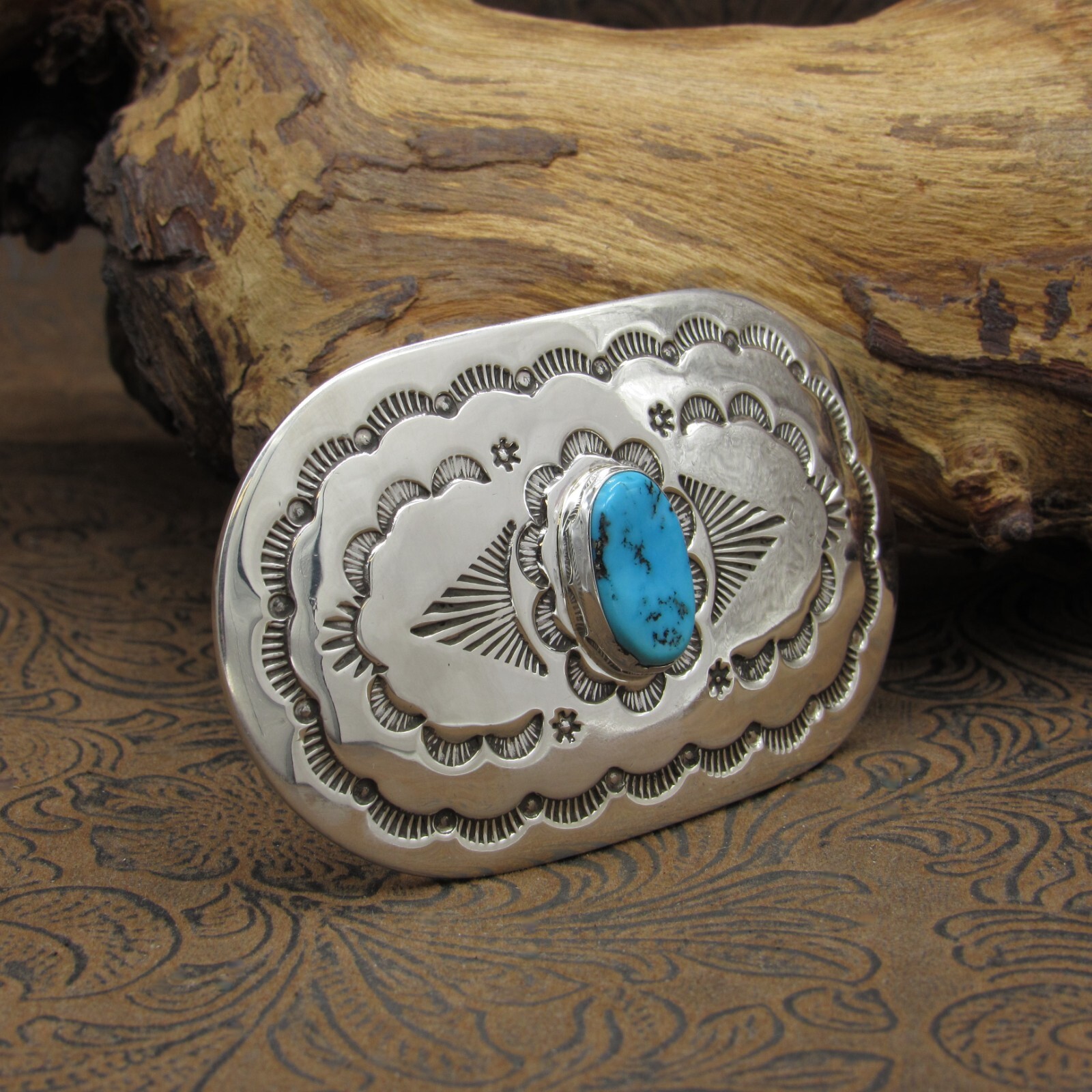 Zuni Turquoise Sterling Silver Stamp Work Buckle By Leonard & Geraldine Paquin