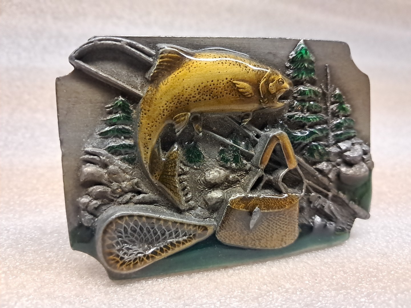 Vintage Siskiyou Belt Co Fly Fishing Outdoors Belt Buckle Brown Rainbow Trout