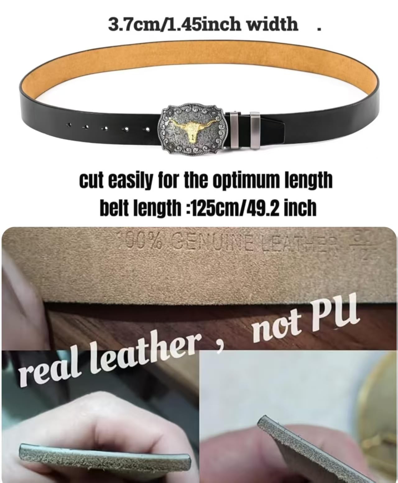 POSKLA Western Belt Cowboy Belts for Men Women, Large, Long Horn Bull